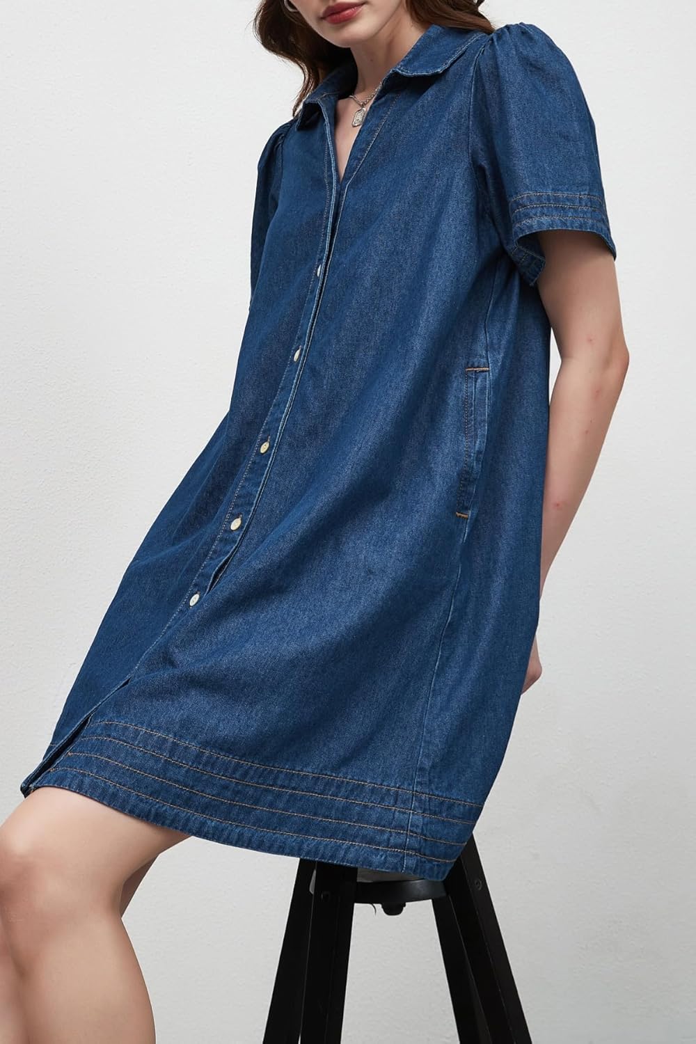 Women Denim Shirt Dress Summer Casual Short Sleeve Button Down V Neck Loose Jean Mini Dress - Image 6
