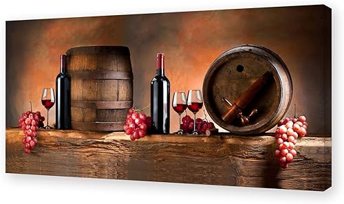 Muolunna BK06275 - Lienzo decorativo para pared, diseño de frutas y uvas, vino tinto con botella, pintura sobre lienzo estirado y enmarcado, listo
