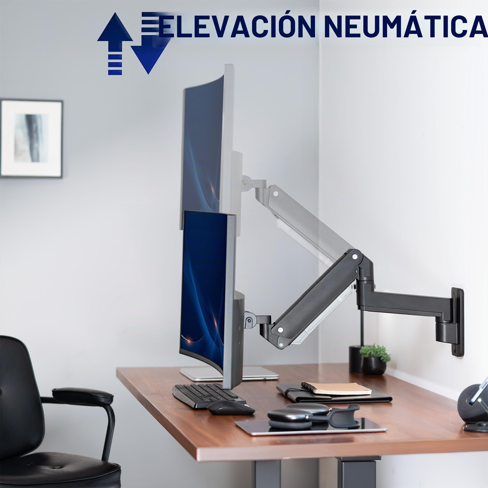 VIVO Brazo de Monitor de Aluminio Pantallas ultraanchas de hasta 49 Pulgadas y 20 kg, Montaje en Pared Individual, Altura neumática, VESA máxima 100 x 100, Negro, MOUNT-V101G1