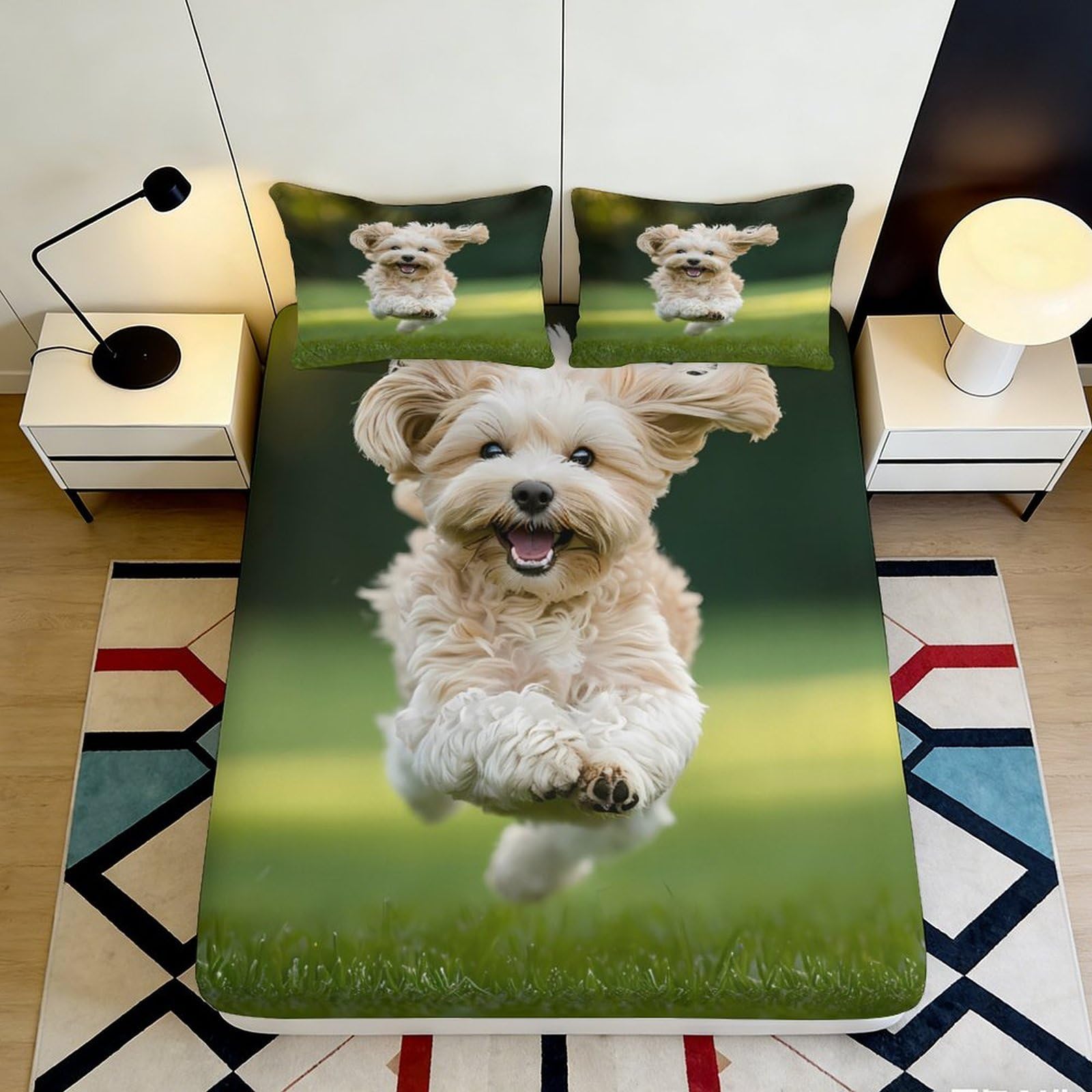 3D Printed Playful Puppy Fitted Sheet Microfiber Anti-Slip Bed Cover for Bedroom Guest Room Mattress Protection 90x200x25cm