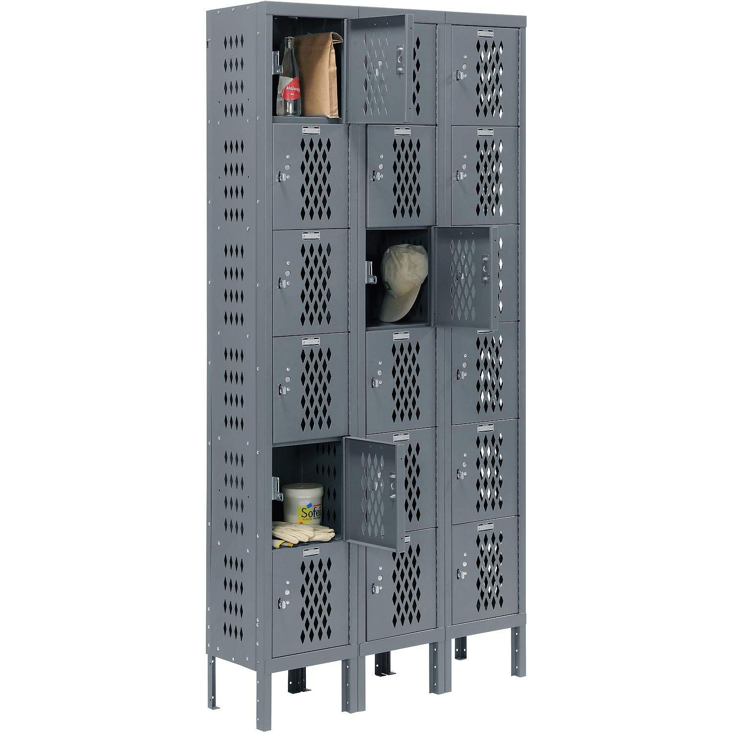 Global Industrial Heavy Duty Ventilated Steel Locker, Six Tier, 3-Wide, 12x15x12, Unassembled, Gray