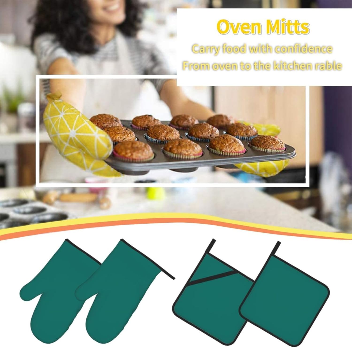 Solid dark green Oven gloves and heat-resistant mat 4-piece set. Suitable for grilling, microwave oven frying, and baking