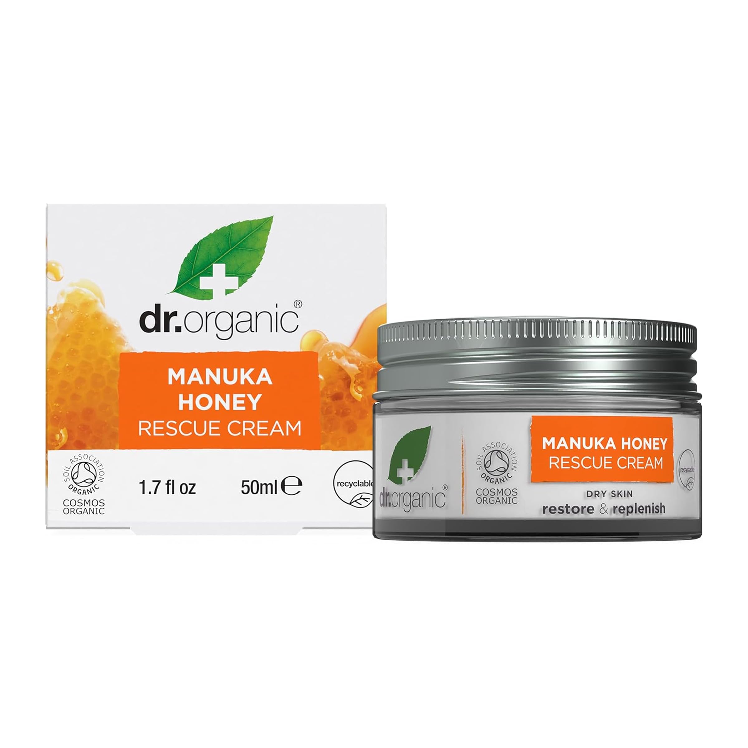 Dr Organic Manuka Honey Rescue Cream, Dry Skin, Mens, Womens, Natural, Vegetarian, Cruelty-Free, Paraben & SLS-Free, Certified Organic, 50ml, Packaging may vary
