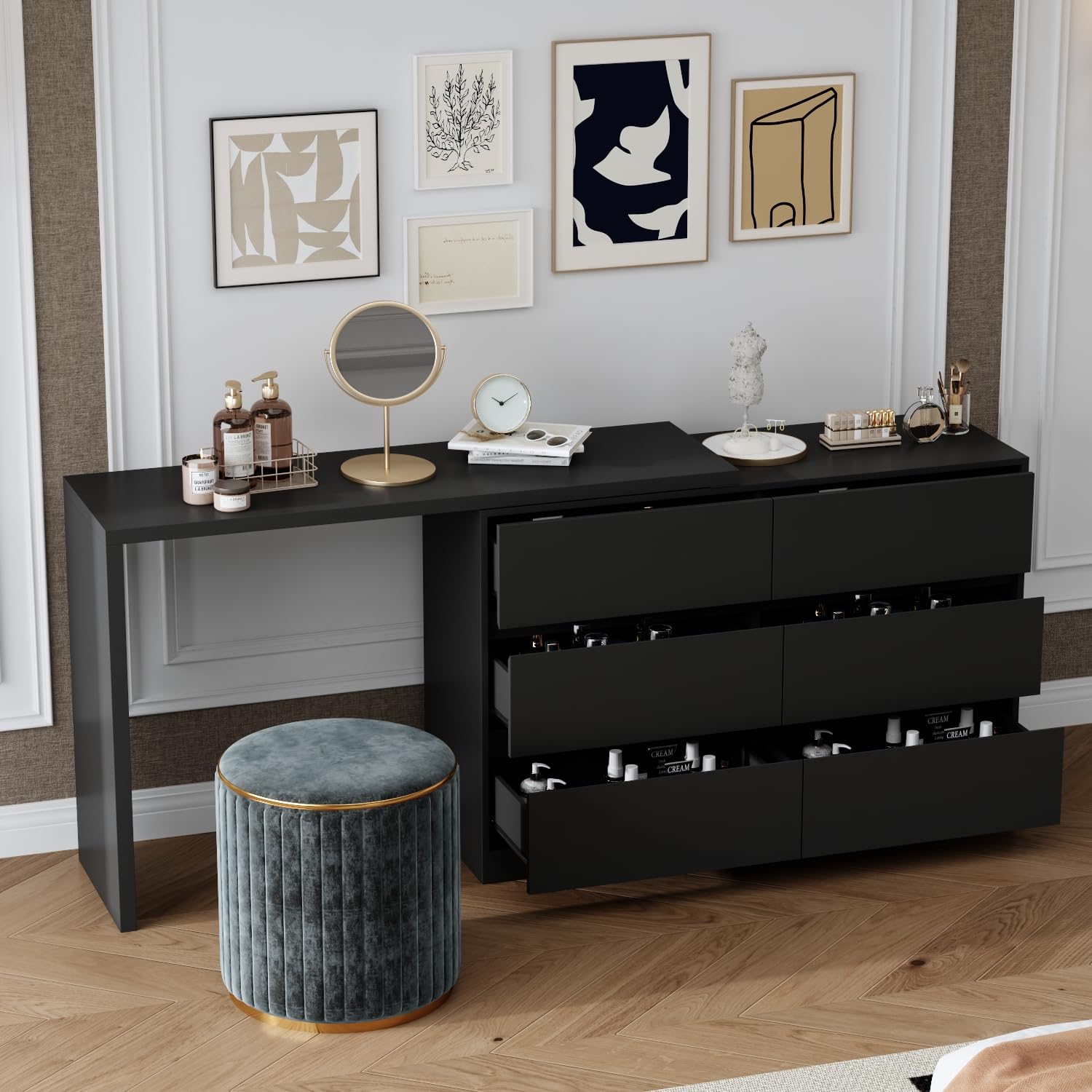 ROMSHINE 6 Drawer Dresser with Rotatable Tabletop, Modern Chest of Drawers with Extendable Desk (No More Than 98