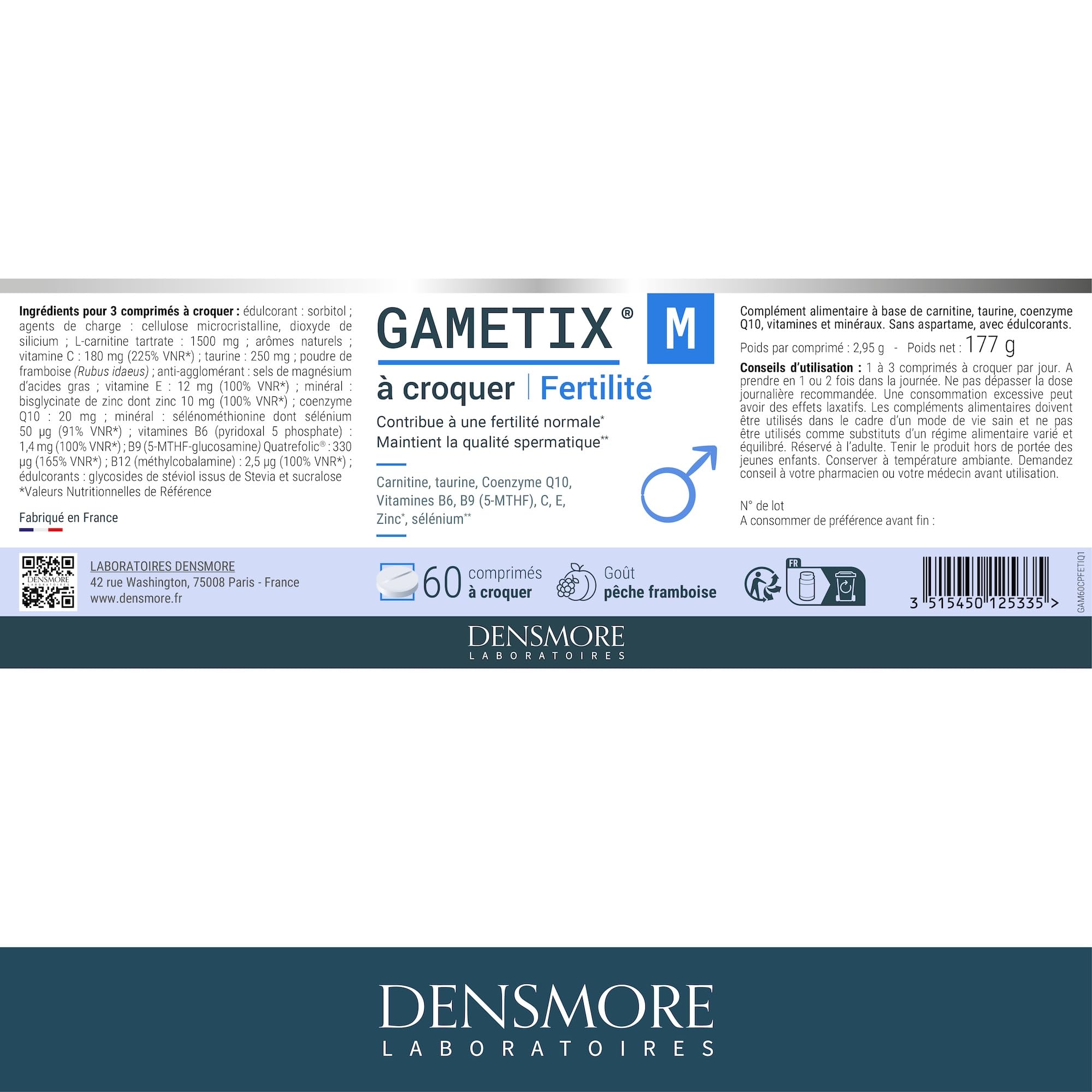 Densmore – GAMETIX M à Croquer – Complément Alimentaire Fertilité Masculine à base de Coenzyme Q10, Zinc, Sélénium, Vitamines C, E, B6 et B9 - Goût Pêche Framboise - 60 Comprimés - Fabriqué en France