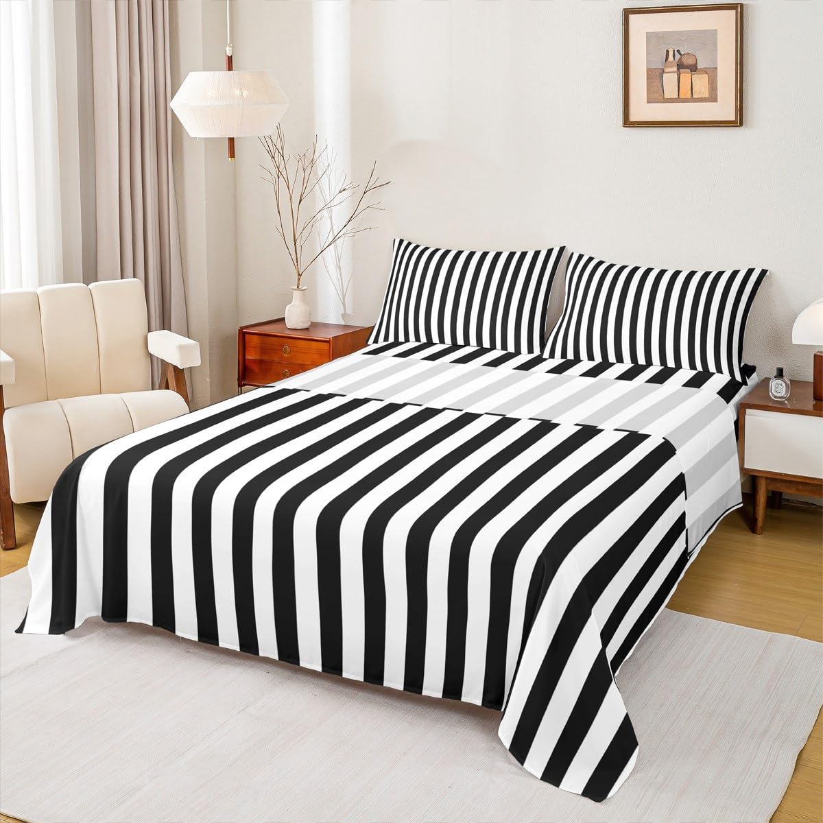 Juego de sábanas a rayas blancas y negras tamaño King, juego de cama básico simple con bolsillo profundo, sábana bajera geométrica, transpirable, suave, ligera, de microfibra