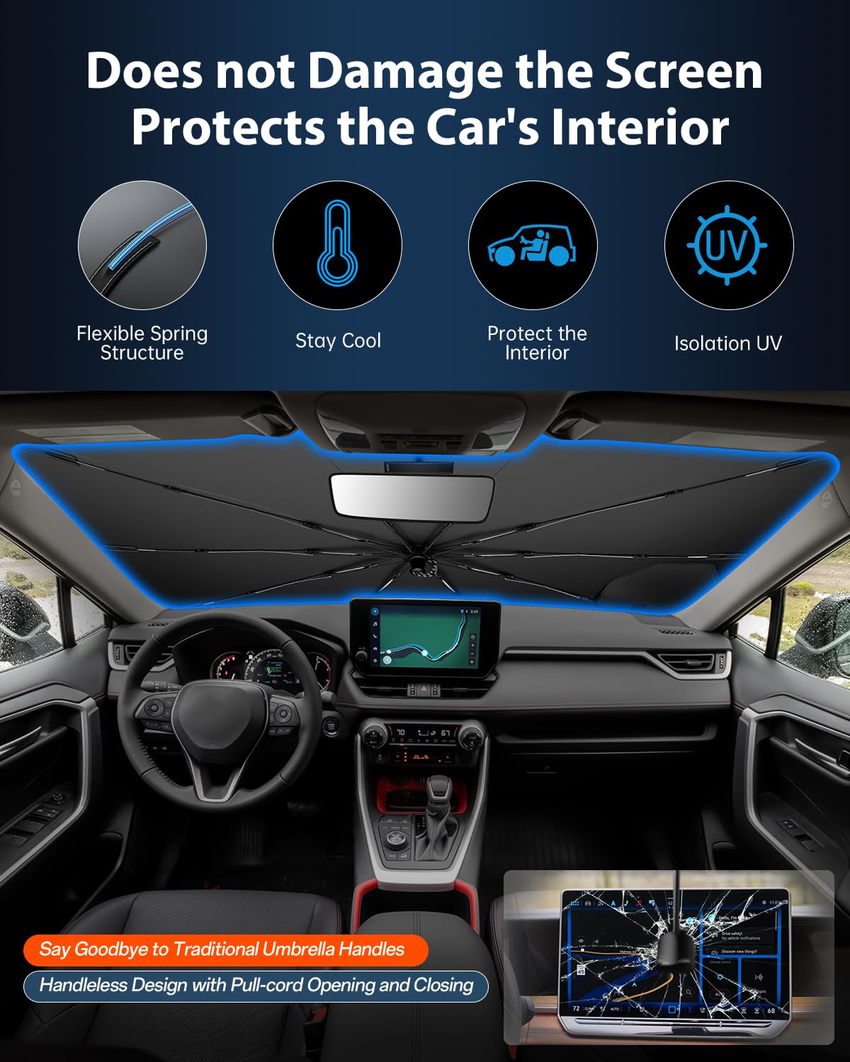 Ruiya 2026 Upgrade Parasol Coche Delantero Compatible con Toyota RAV4 | Hybrid 2019-2025, Paraguas Plegable Aislamiento Térmico, Protección UV, Accesorios para Parabrisas