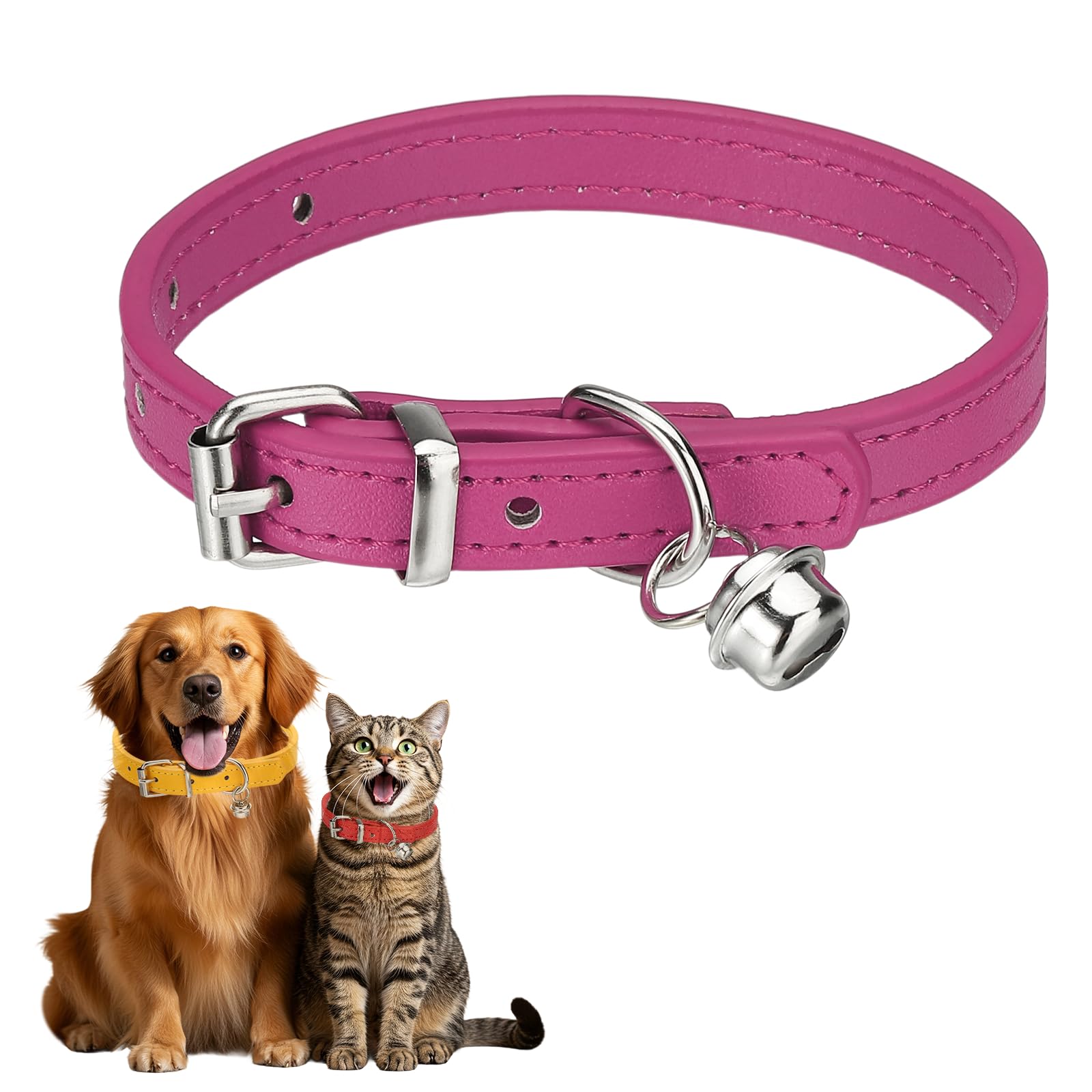 sourcing map Dog Collar with Bell, Pu Leather Cat Collars Pet Basic Soft Padded Adjustable Buckle, 10" (Hot Pink, 1 Pcs), Intended for Teacup/Little Dog/Kitten Cats/Small Animals