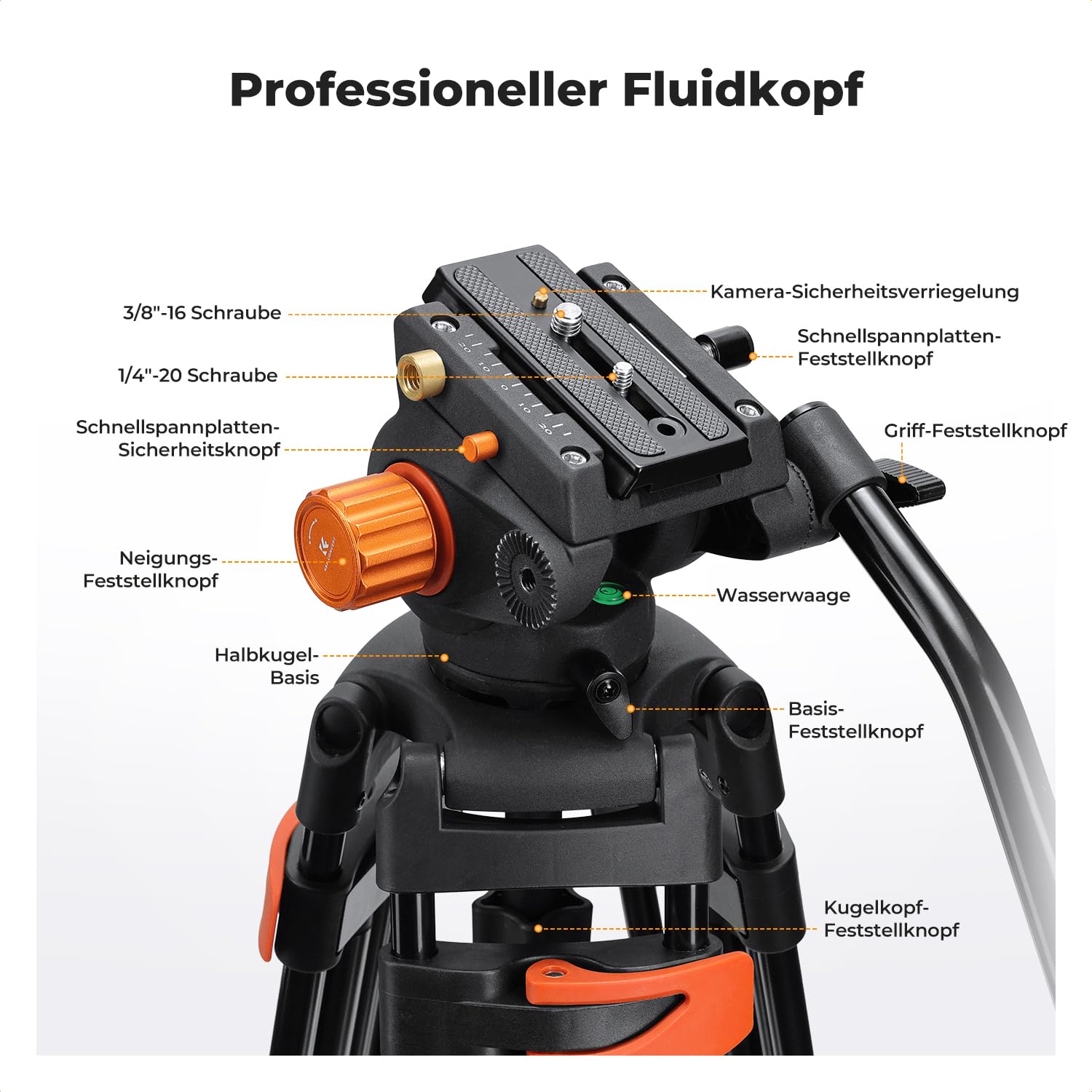 K&F CONCEPT Schwarz-Orange Aluminium 202cm Videostativ | Heavy Duty Tripod Stativ, Fluidkopf, Schnellwechselplatte, Tragkraft 8kg für DSLR, Camcorder, Kameras VA3+BV70