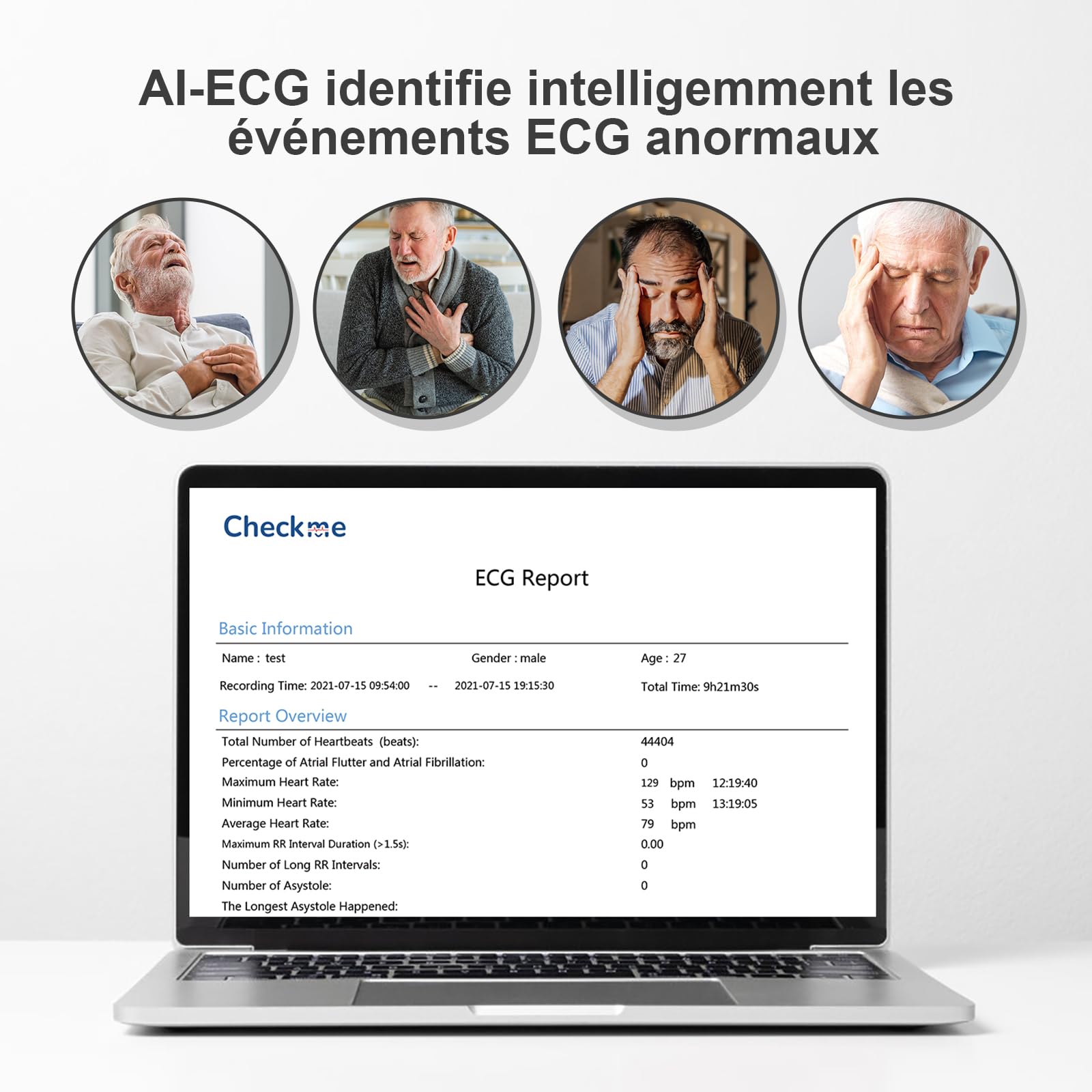 CheckMe ER1 Moniteur ECG Portable 24H pour Usage Domestique, Analyse ECG AI Holter ECG avec écran OLED, Fonction Marqueur D'événement ECG, Compatible avec Les Électrodes à pression de 4 mm