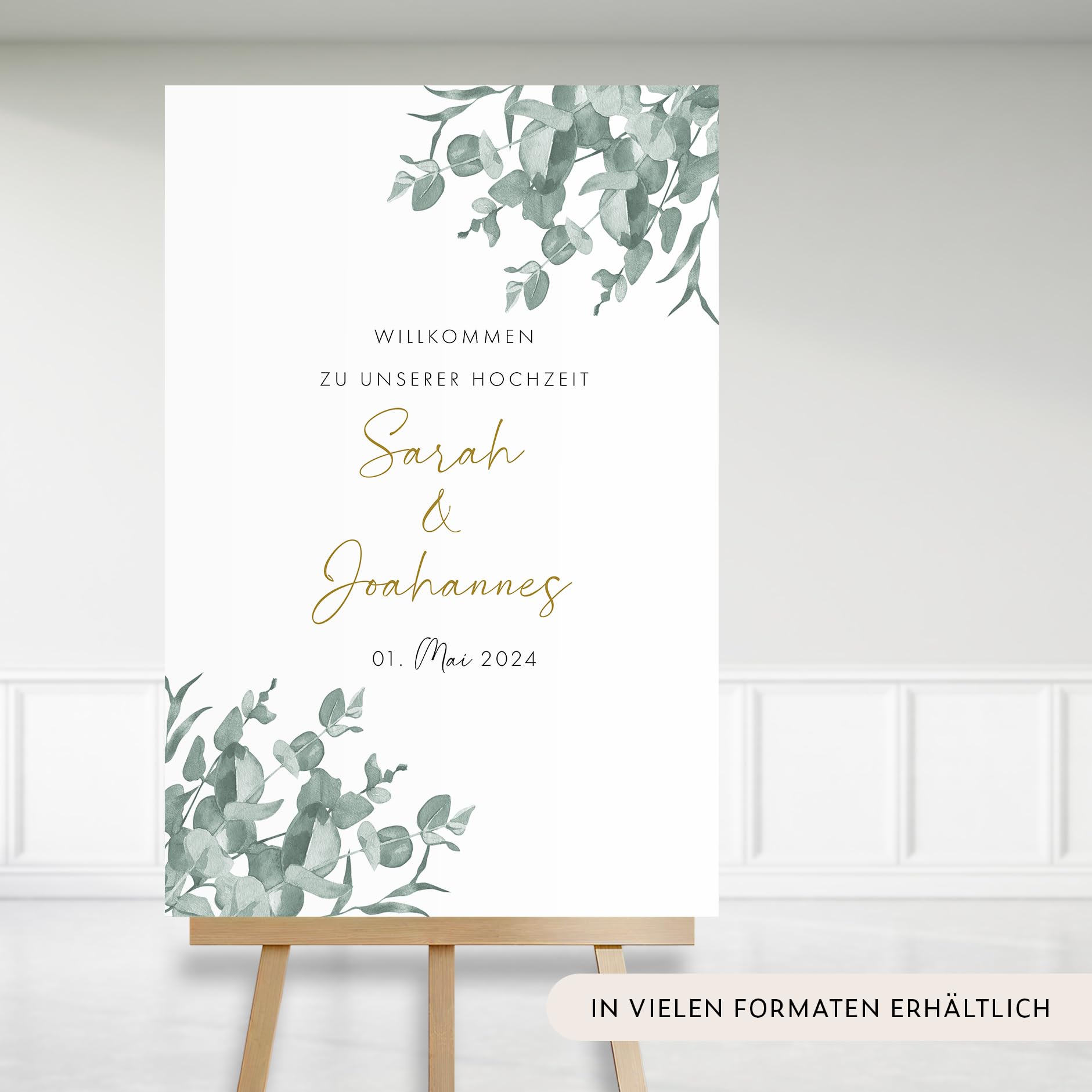 HEI Print Willkommensschild Hochzeit Eukalyptus mit Datum und Namen, personalisierte Hochzeitsdeko, Aufsteller Willkommen Schild, Grün, Leinwand, 60x40 (Hochformat)