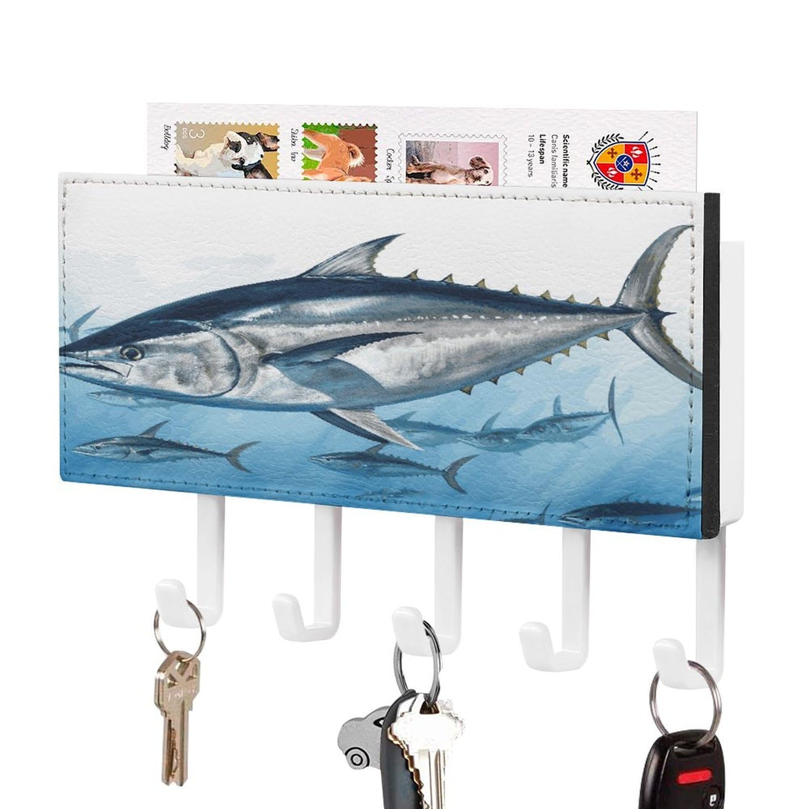 FekiLoot Bluefin Tuna Thunnus Key Holder Wall Mount Key Hooks for Wall Decorative with 5 Hooks PU Mail Rack Organizer with Shelf for Entryway Mudroom Hallway Office 7.1X4.3 in