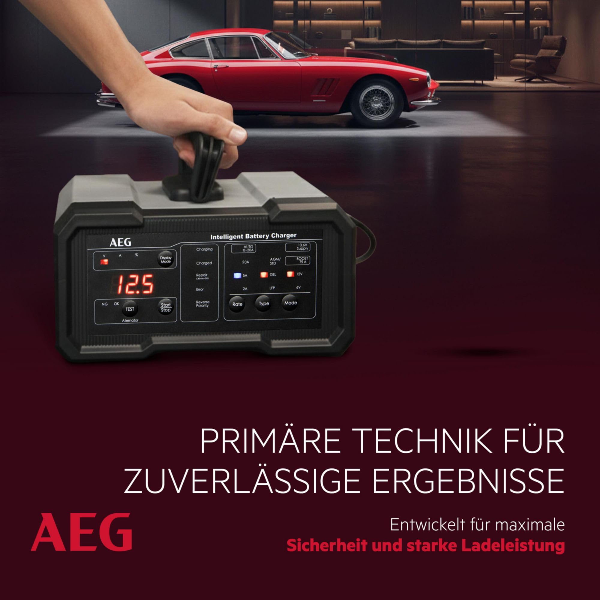 AEG Batterieladegerät CW20, für 6/12 V Batterien, 20A, automatische Ladefunktion, umfangreicher Sicherungsschutz, Erhaltungsfunktion, Ladestatusanzeige in Prozent, LED-Display