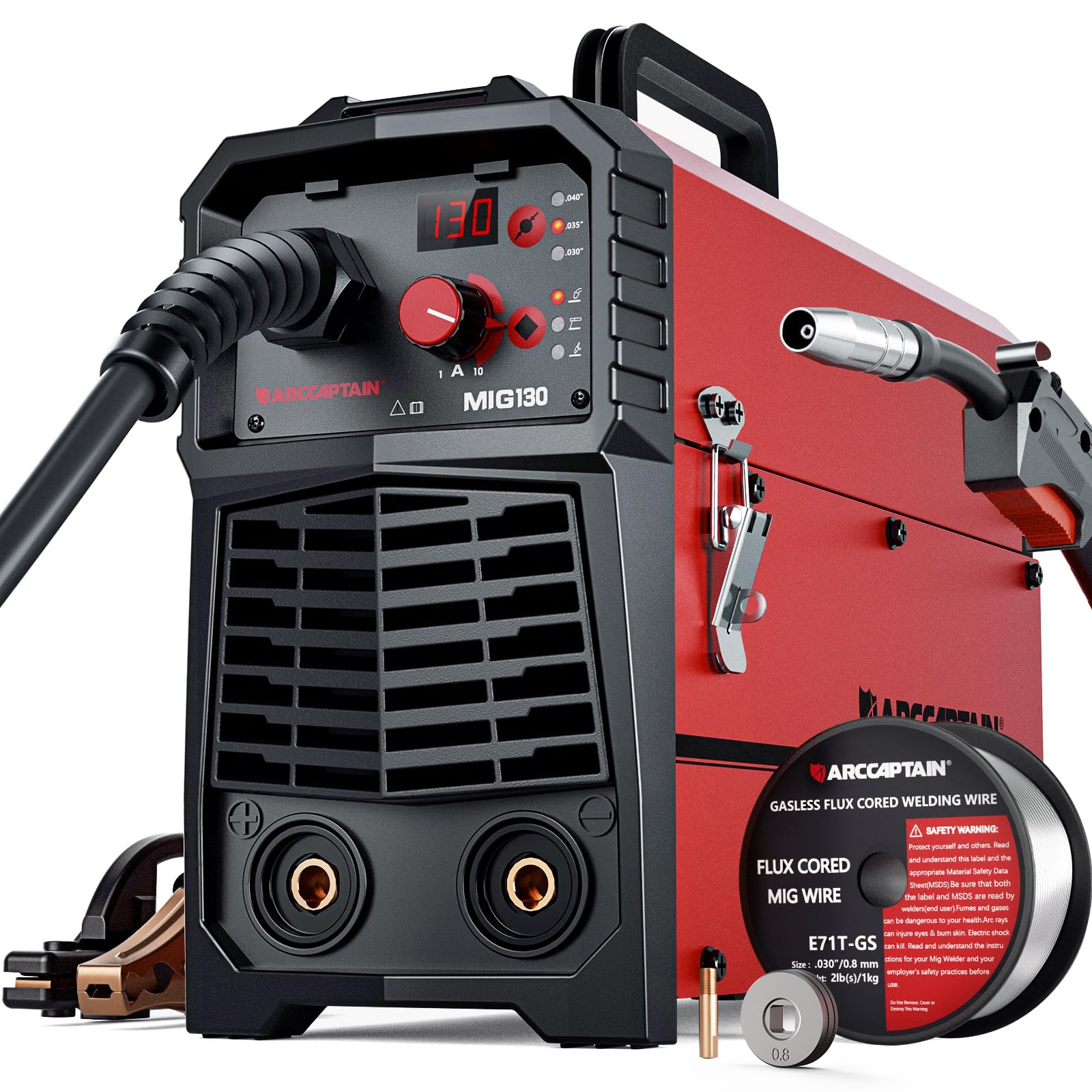 ARCCAPTAIN 130A MIG Welder, 110V Flux Core MIG Welder/Lift TIG/Stick 3 in 1 Welding Machine with Synergy, IGBT Inverter Portable Gasless Welder Equipment with Welding Gun and 2lb Welding Wire