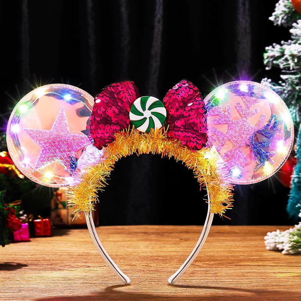 JEAIRTS Light Up Christmas Mouse Ears Headband Glow Xmas Bow Hairband Led Snowflake Star Costume Hair Accessories for Women