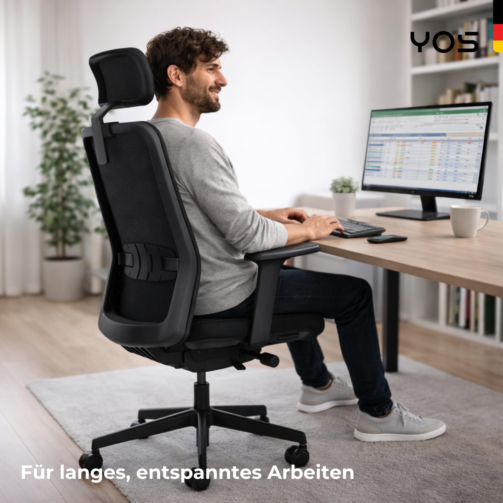 YOS S5 ergonomischer Bürostuhl mit Kopfstütze, Schreibtischstuhl | Netzrücken, Lordosenstütze, Kopfstütze, 150 kg Belastbarkeit – Made in Germany