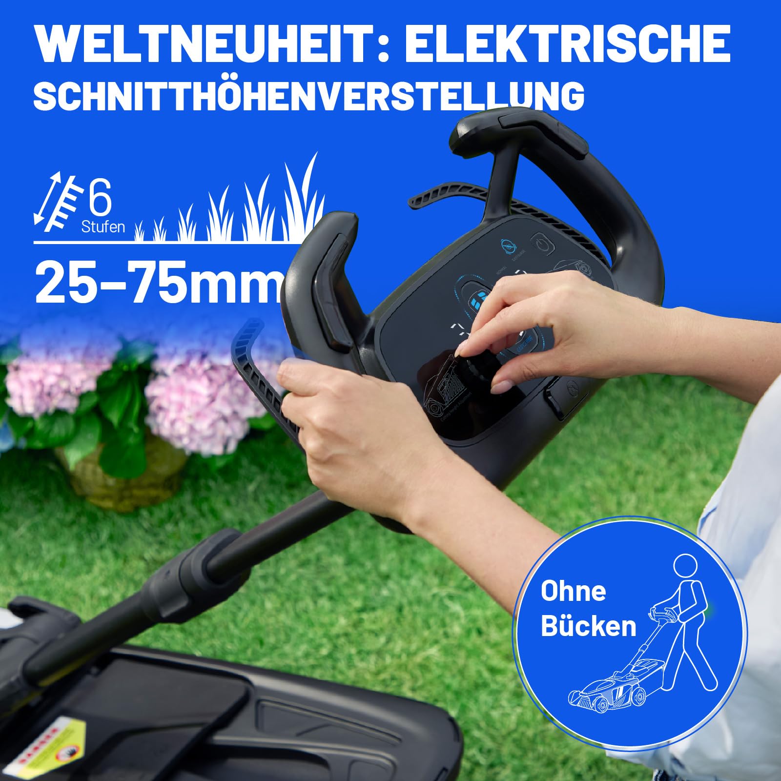 Litheli Easysurge Akku Rasenmäher Selbstfahrender, 43cm Schnittbreite mit Akku und Ladegerät, bis 500 m², 50L Fangkorb, 25-75 mm Schnitthöhe, Rasenmäher Eektro inkl. 4X 20V/ 4,0 Ah Akkus