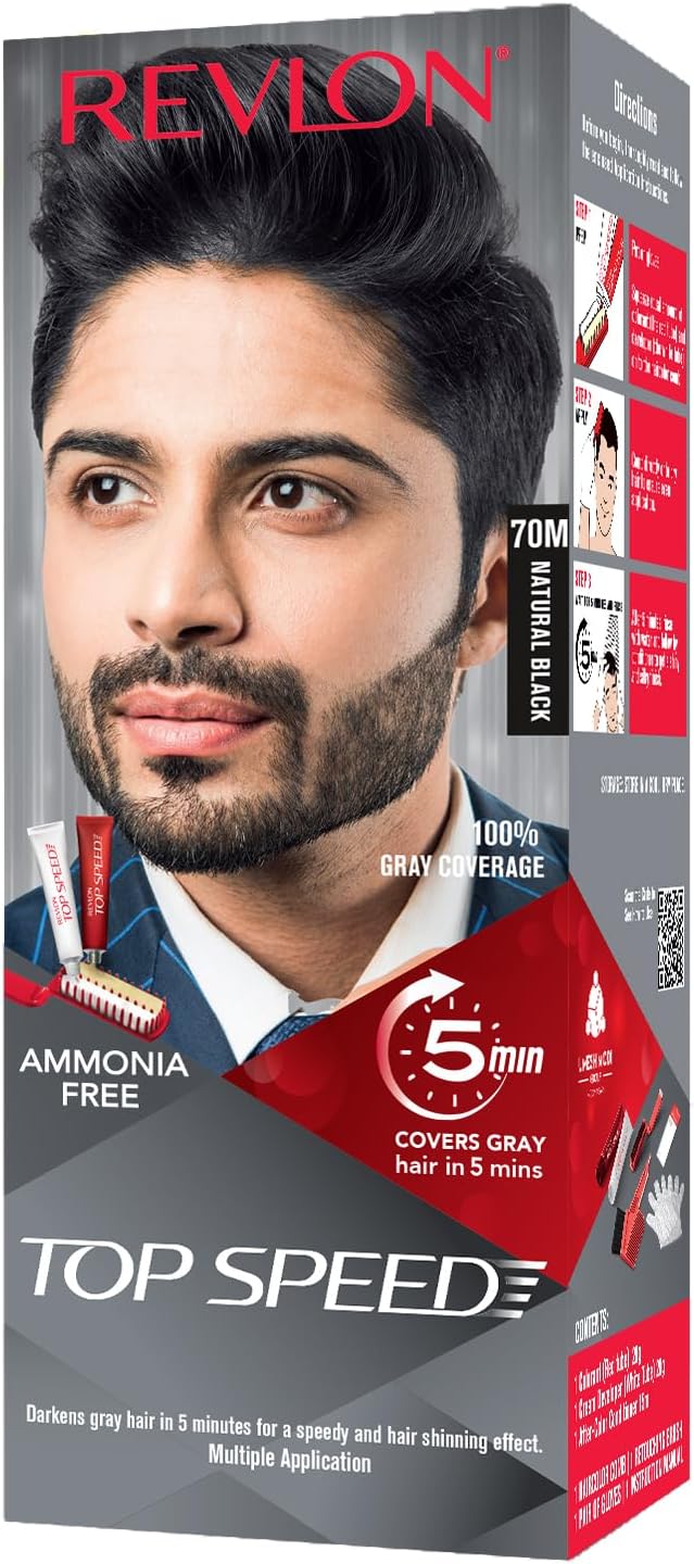 Revlon Top Speed Hair Color for Men Natural Black | Infused with Mother of Pearl and Ginseng Root extract for Intense Conditioning | 100% Grey Coverage in 5 Minutes | Shiny & Nourished Hair