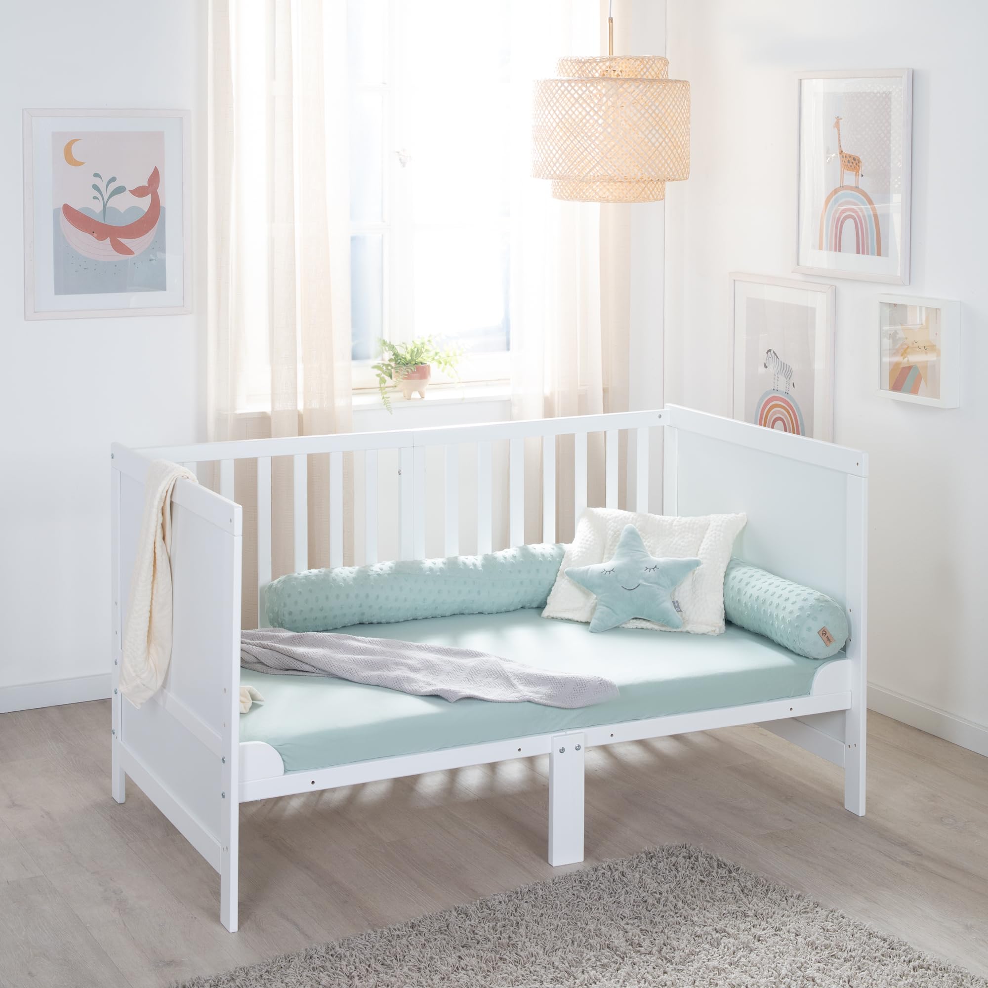 roba Lit Évolutif 70 x 140 cm Easy Sleep - Convertible en Canapé ou Lit Enfant - Jusqu'à 7 Ans - Hauteur Réglable - Coins de Conversion Inclus - 3 Barreaux Amovibles - Blanc