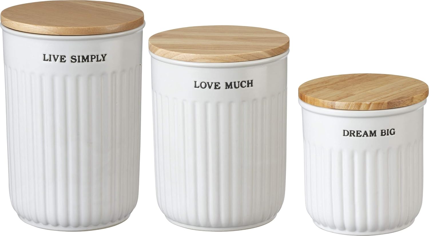 Primitives by Kathy Modern Farmhouse Nesting Kitchen Canister Jars with Wood Airtight Lids, White Stoneware Rustic Contemporary Continer Décor for Flour Sugar Coffee Tea Storage, Set of 3