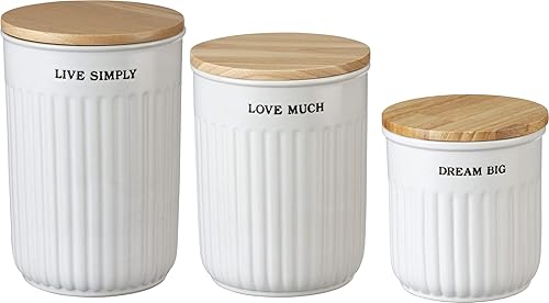 Primitives by Kathy Juego de 3 tarros de cocina modernos con tapas herméticas de madera, cerámica blanca, rústico, contemporáneo, para