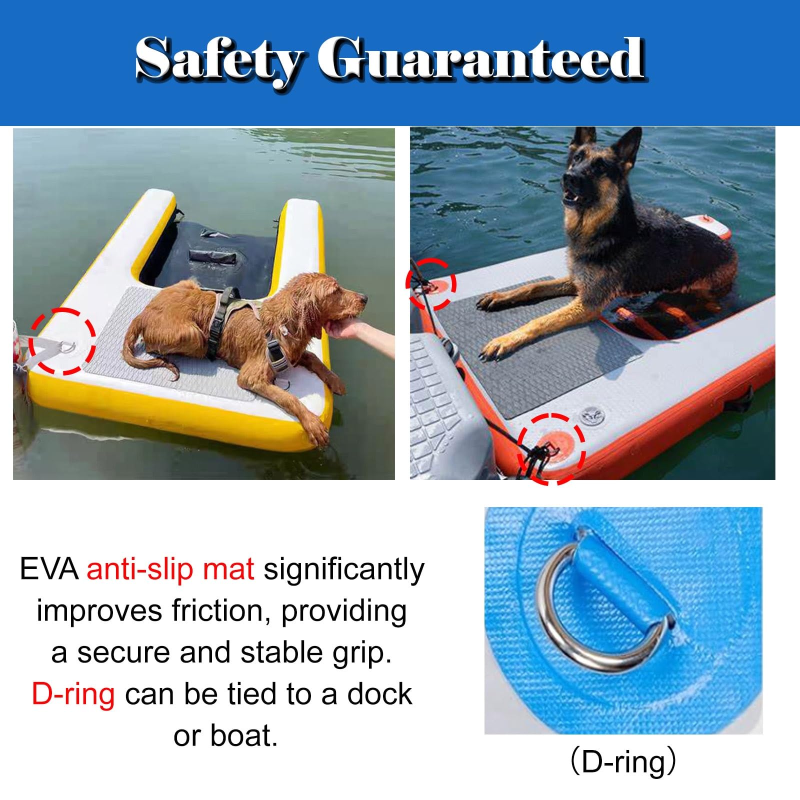 Escalera antideslizante para perros en piscina Plataforma de agua inflable para mascotas de hasta 105 kg, rampa de piscina de seguridad para perros con bomba, bolsa de almacenamiento, cuerda y kit de