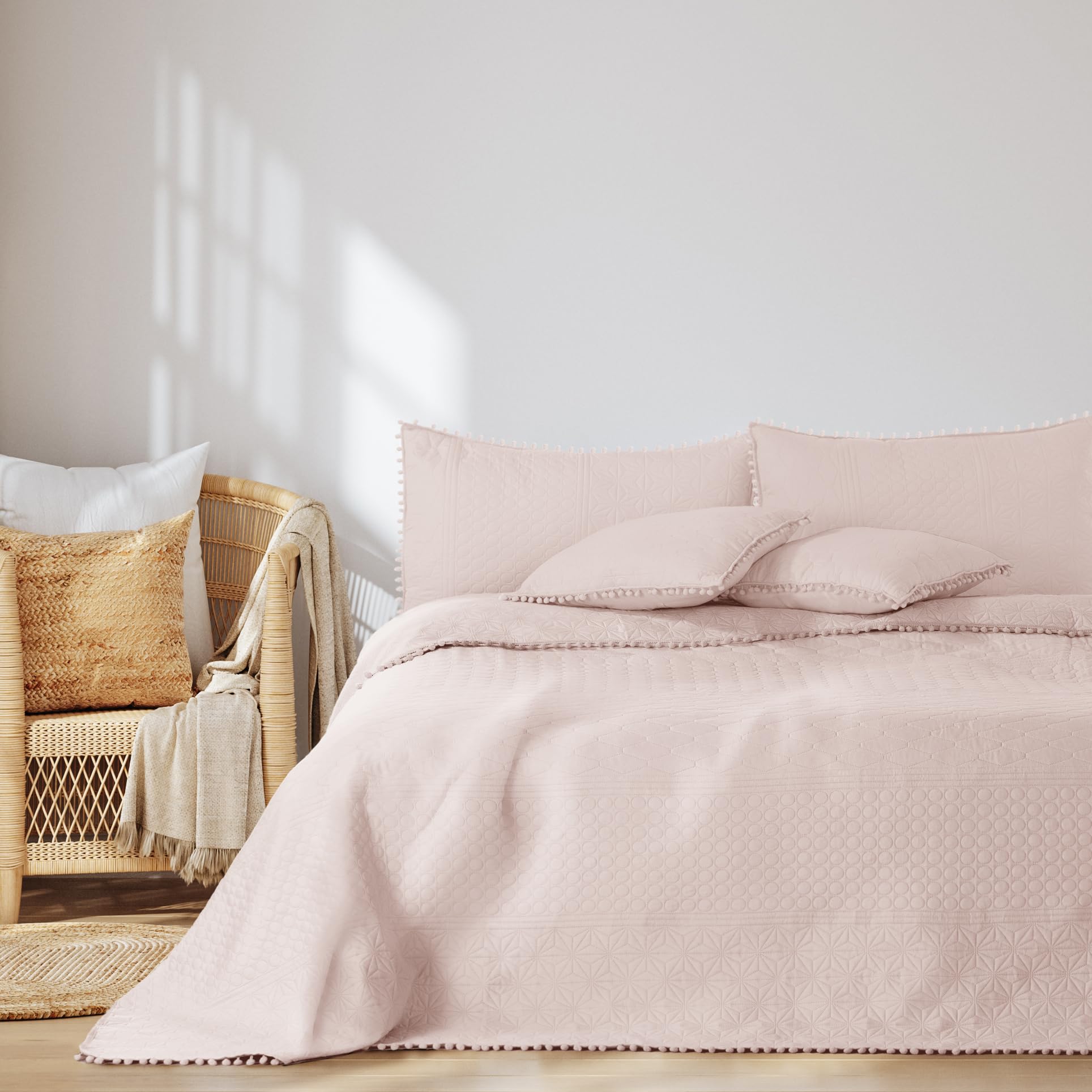 AmeliaHome Bedspread with Pompoms 240 x 260 cm Bedspread Double-Sided Ultrasonic Quilting Polyester Meadore Powder Pink