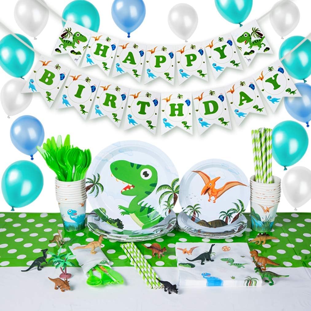 Dinosaur Birthday Theme Party Supplies Set & Tableware Kit For 20 Guests With Disposable Paper Plates, Balloons, Napkins, Tablecover, Cups,Knife and Fork Spoon,Birthday Banner,Add Dinosaur Model Toy