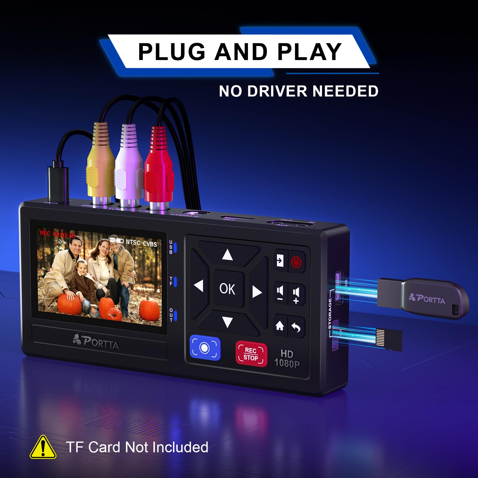 Portta Convertidor VHS a Digital con Unidad Flash USB 3.0 de 128 GB, grabadora de Video a Digital Compatible con VHS, VCR, DVR, DVD, Hi8, Mini Reproductores DV, videocámara (VHS/Cintas/Reproductor de