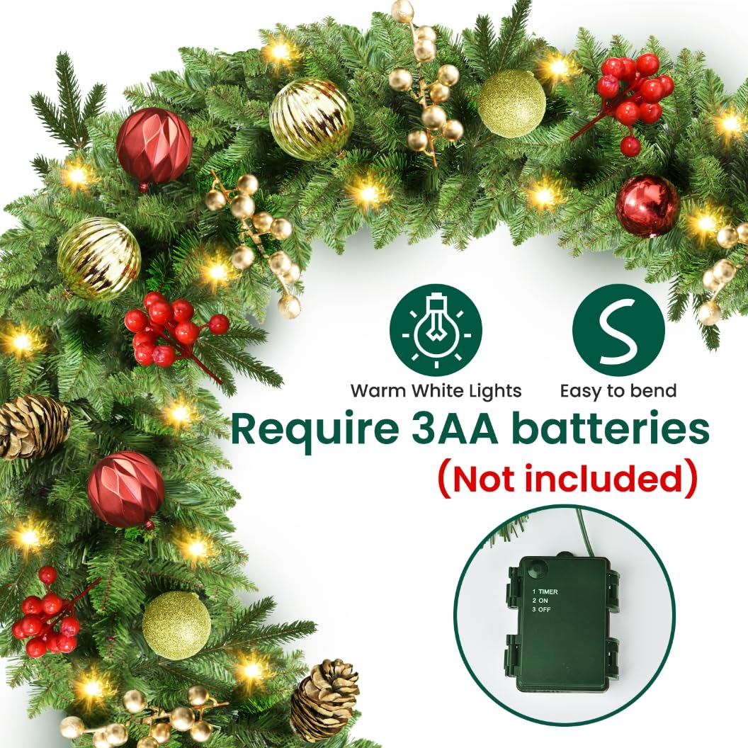 Guirnalda Navidad, 2,7m 30LED Guirnaldas Navideñas con Luces, Navidad Decoración, Adornos Navideños, Decoracion para Exterior, Escaleras, Chimenea, Puerta de Entrada Patio y Jardín