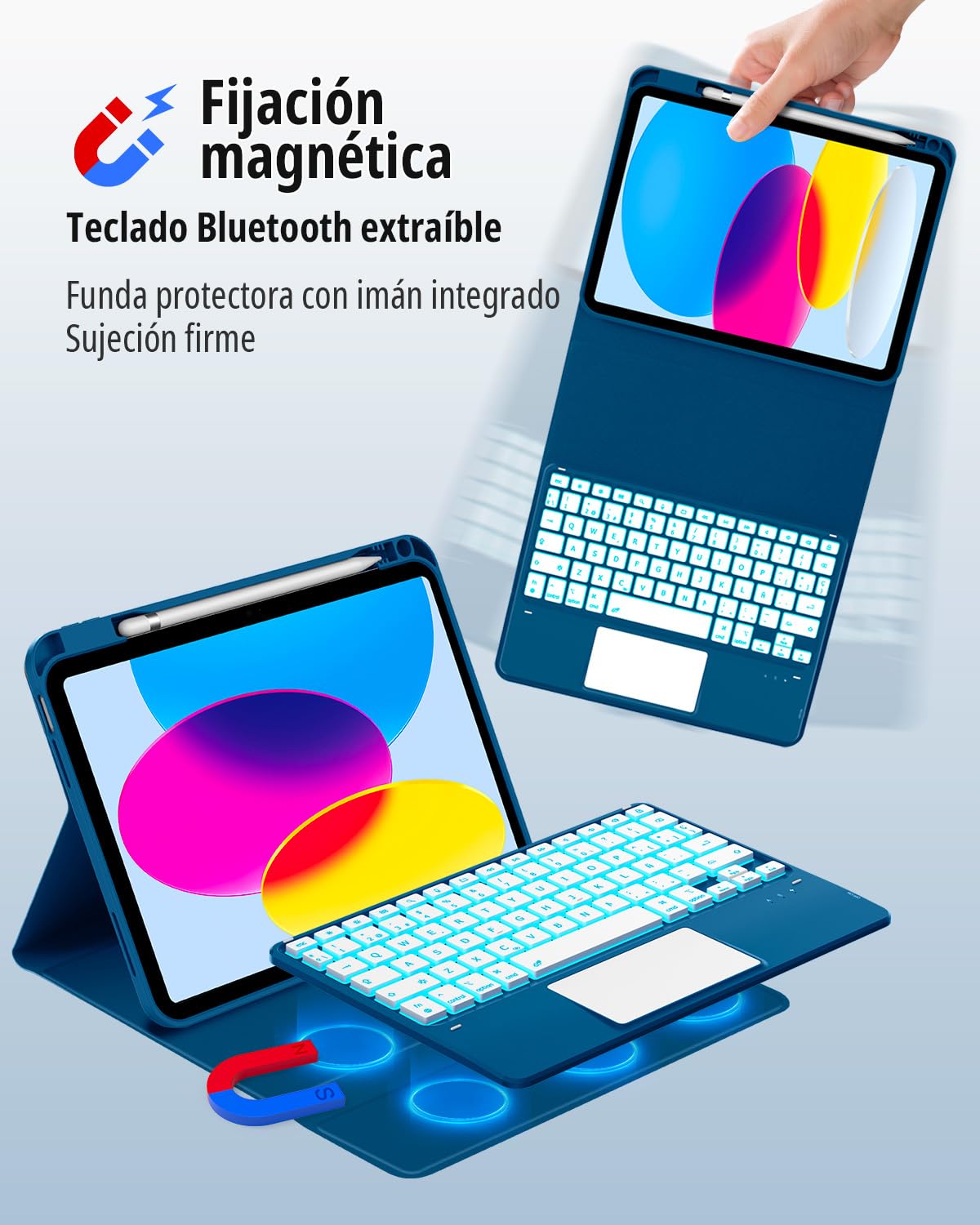 CACOE Funda con Teclado para iPad 11.ª Gen (A16) / 10.ª Generación (11/10.9 Pulgadas) 2025/2022, con Touchpad, Iluminación de 7 Colores, Magnético Desmontable Bluetooth, Azul Océano