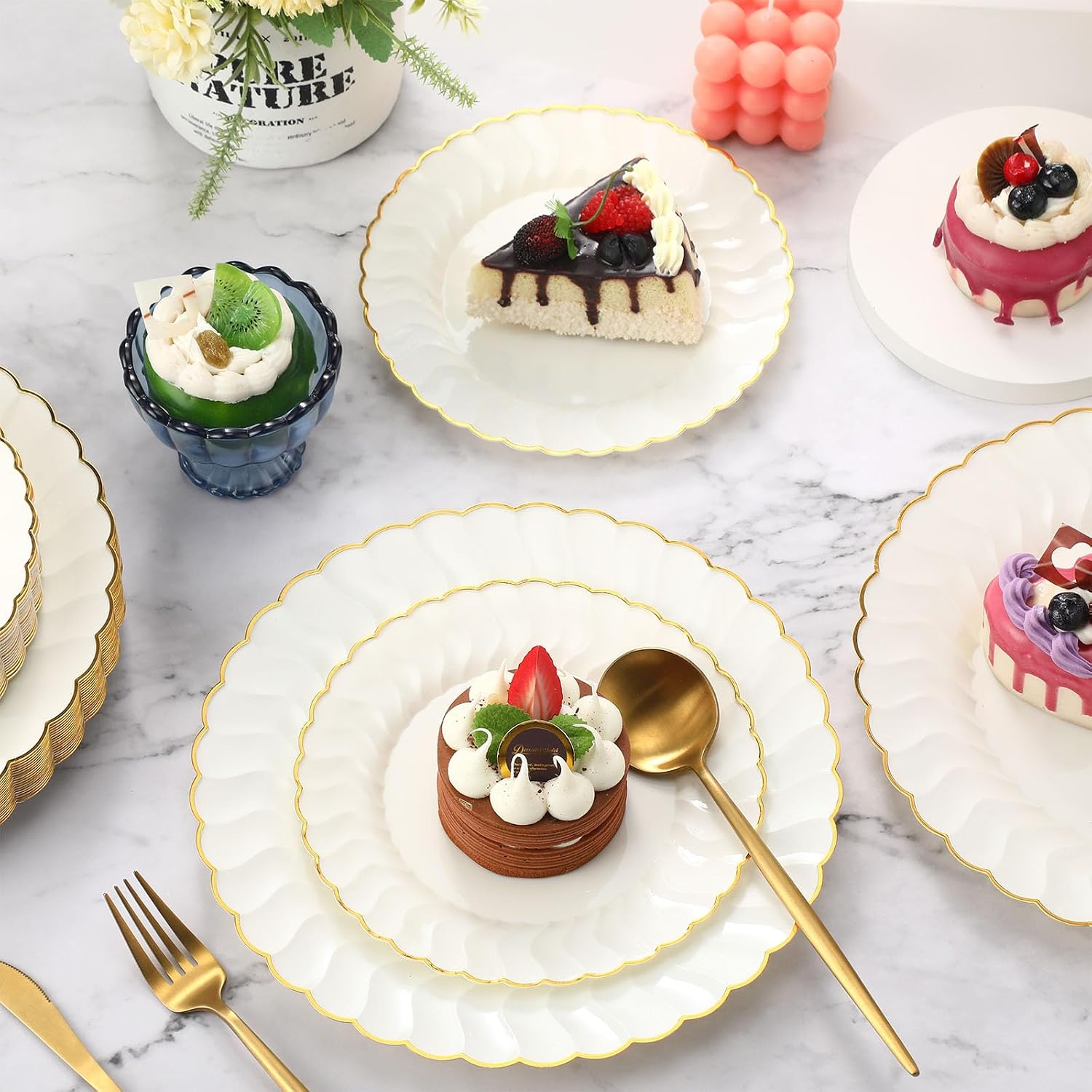 Mifoci Ivory Plastic Plates with Gold Rim Heavy Duty Disposable Plates for Dessert, Appetizer, Holiday, Wedding, Party(160 Pcs,Ivory) image 4