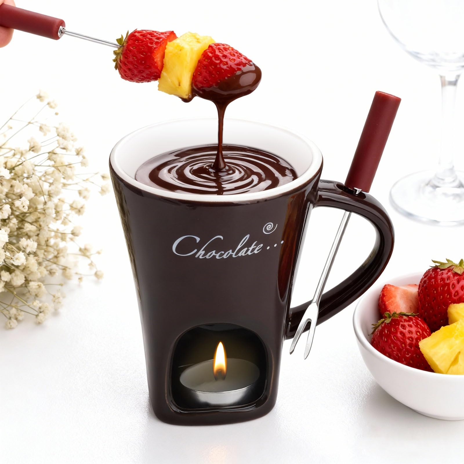 Taza de cerámica para fondue de chocolate, 130 ml, con portavelas y tenedores, fondue de chocolate, juego de fondue de chocolate, juego de fondue de chocolate, cazo para chocolate y queso, mantequilla
