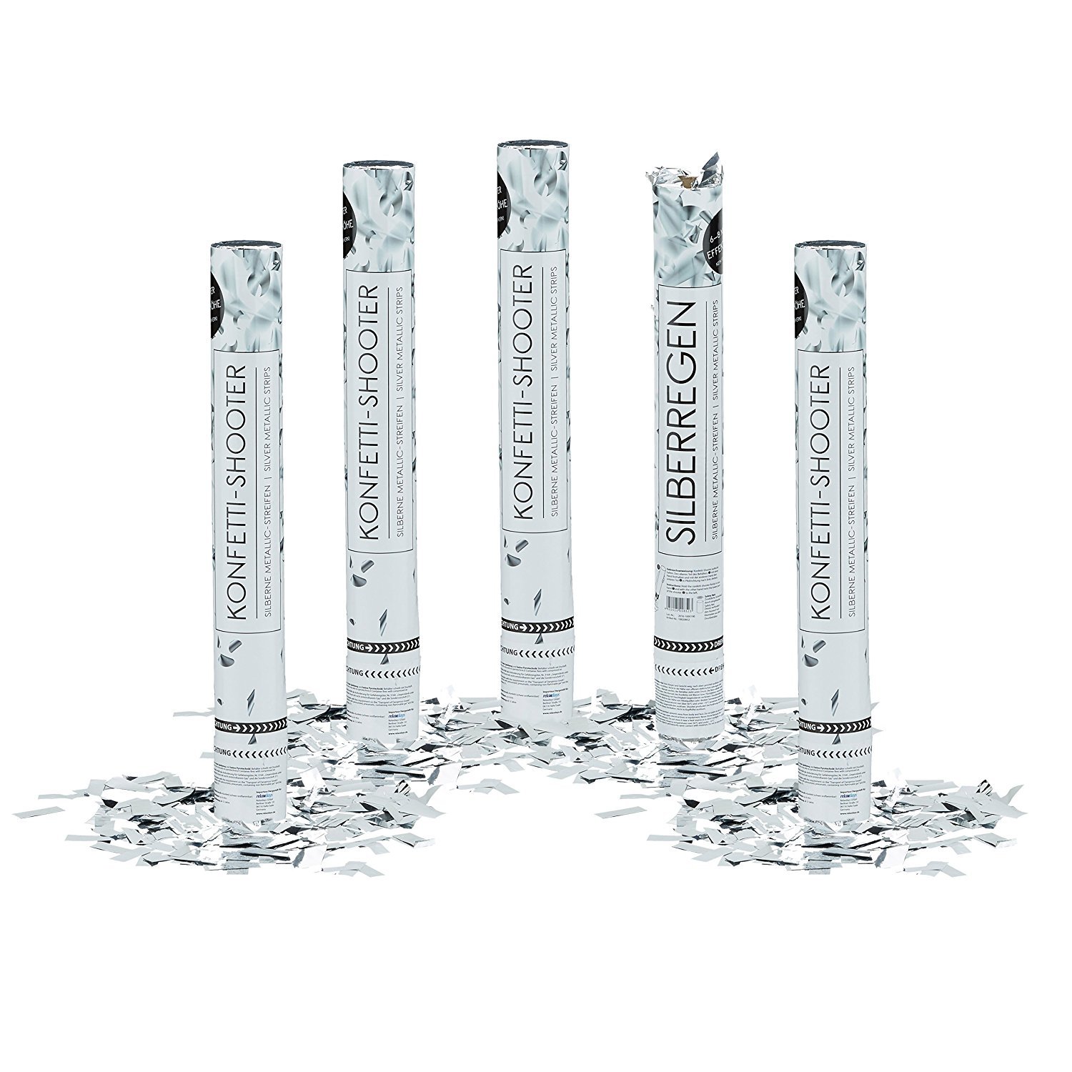 TrendandStylez Lote de 5 cañones de confeti de 40 cm, 6 – 8 m de altura de efecto, decoración de boda, cañón de confeti, regalos de boda, color plateado