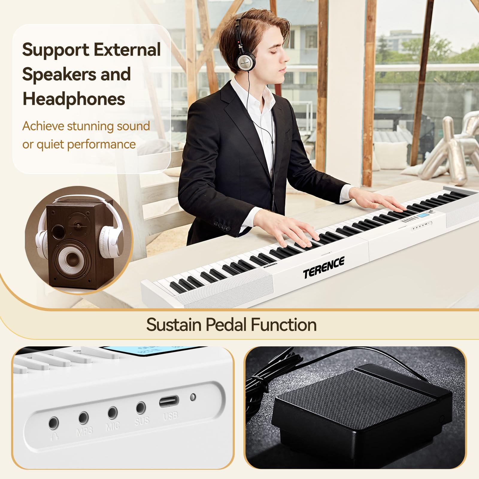 TERENCE Pieghevole Pianoforte Digitale 88 Tasti semi-pesati con batteria da 1800 mAh Altoparlanti 2x5W Bluetooth interfaccia MIDI supporto per spartiti Borsa Cavo audio con Pedale di sostegno Bianco