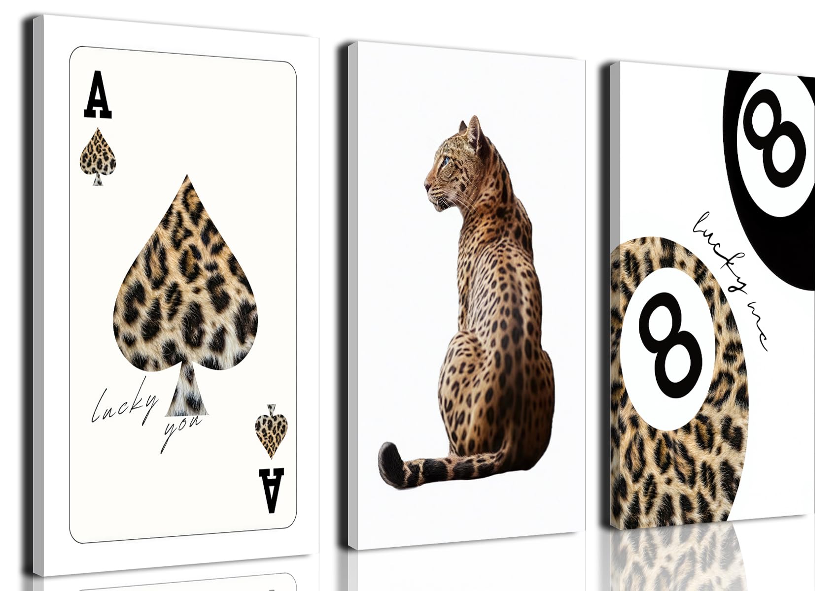 Trendy Leopard Canvas Wall Art Set of 3 - Cheetah Prints Wall Decor Pictures, Funky Lucky You 8 Ball Poster Preppy Aesthetic Paintings, for Girls