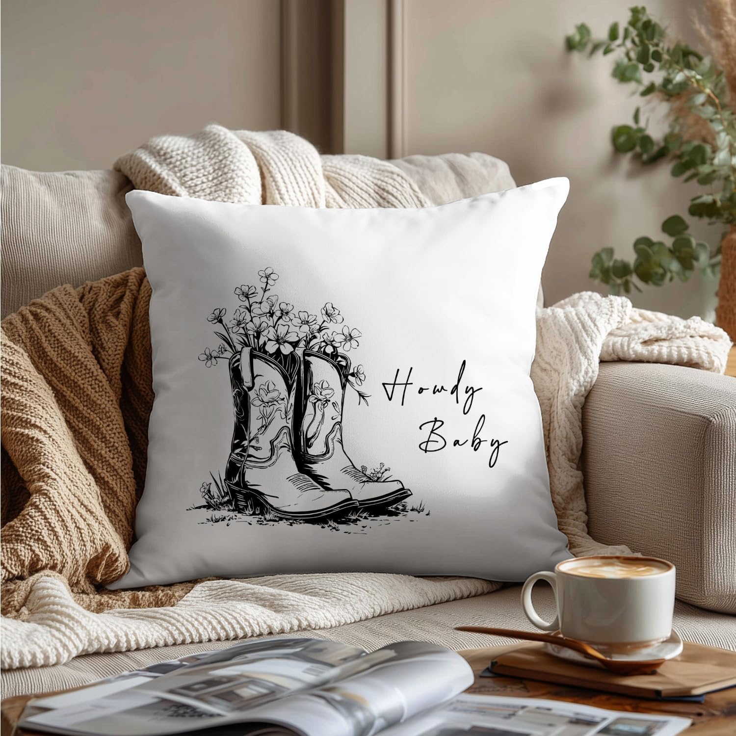 Floral Western Cowboy Boots Pillow Covers 18x18, Western Home Room Decor, Country Farmhouse Rustic Howdy Baby Decorative Throw Pillow Covers for Home Bedroom Living Room - Image 3