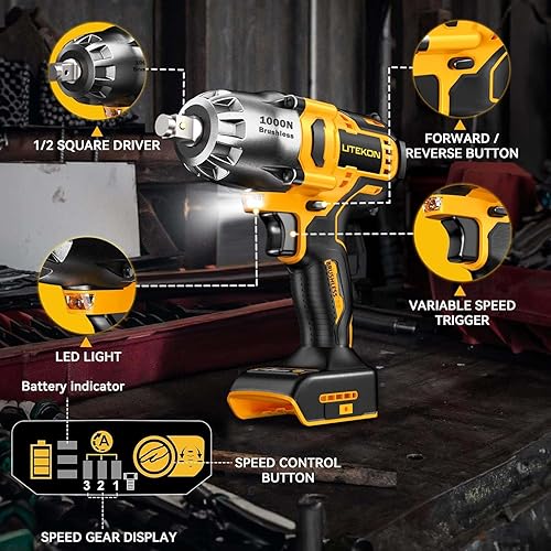 Miniatura 6 de Llave de impacto inalámbrica compatible con batería máxima de 20 V, 740 pies-libras 1000 N.m, llave de potencia de alto par sin escobillas de 1/2