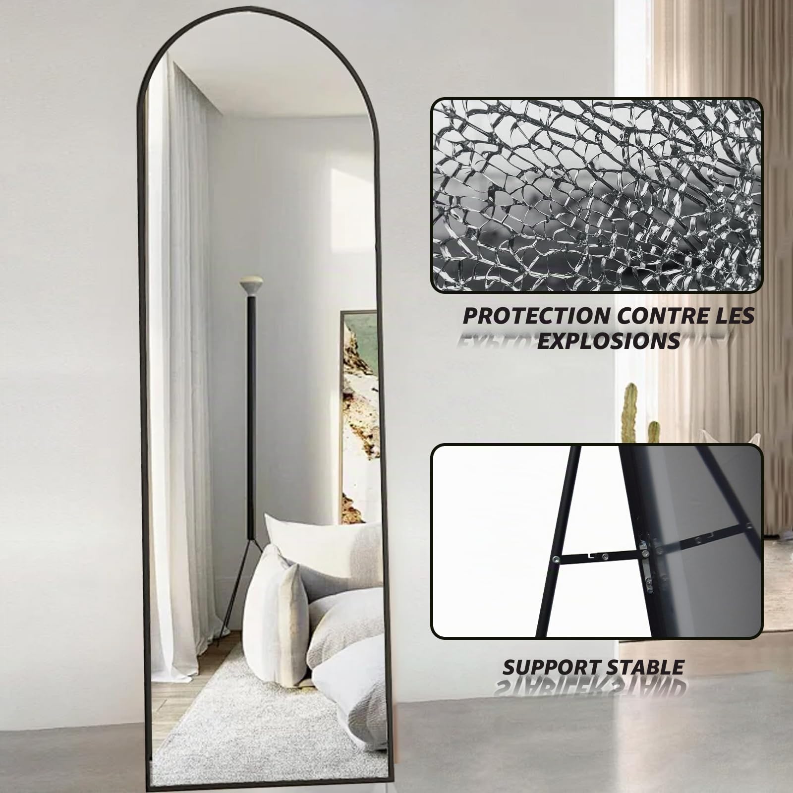 Kapler Miroir sur pied arqué 160 x 53 cm grand noir Miroir plein pied rond Déco Salon