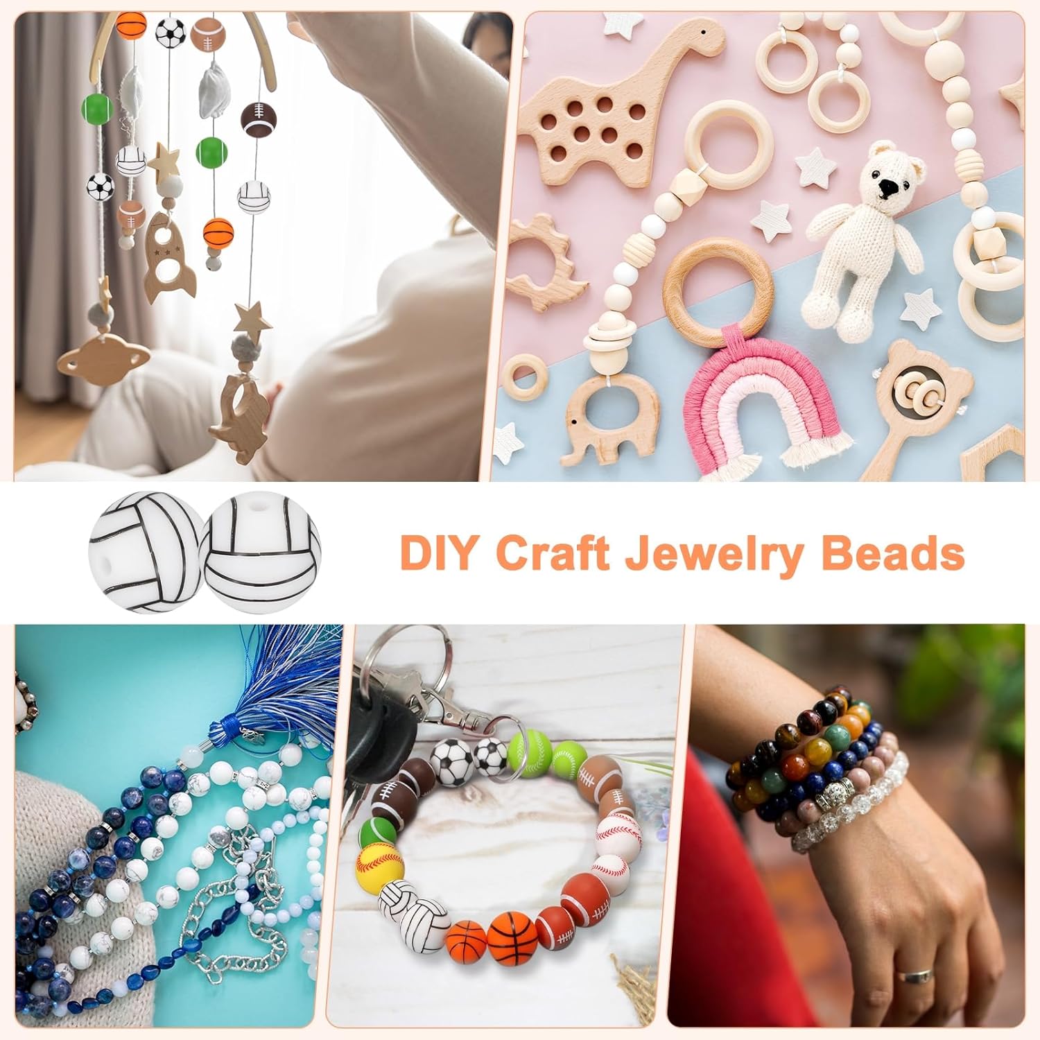 35-Pack Sports Ball Beads 15mm White Round Loose Rubber Volleyball Beads Silicone Craft Smooth Sports Ball Small Hole with 2mm for DIY Crafts/Bracelet/Necklace - Image 7