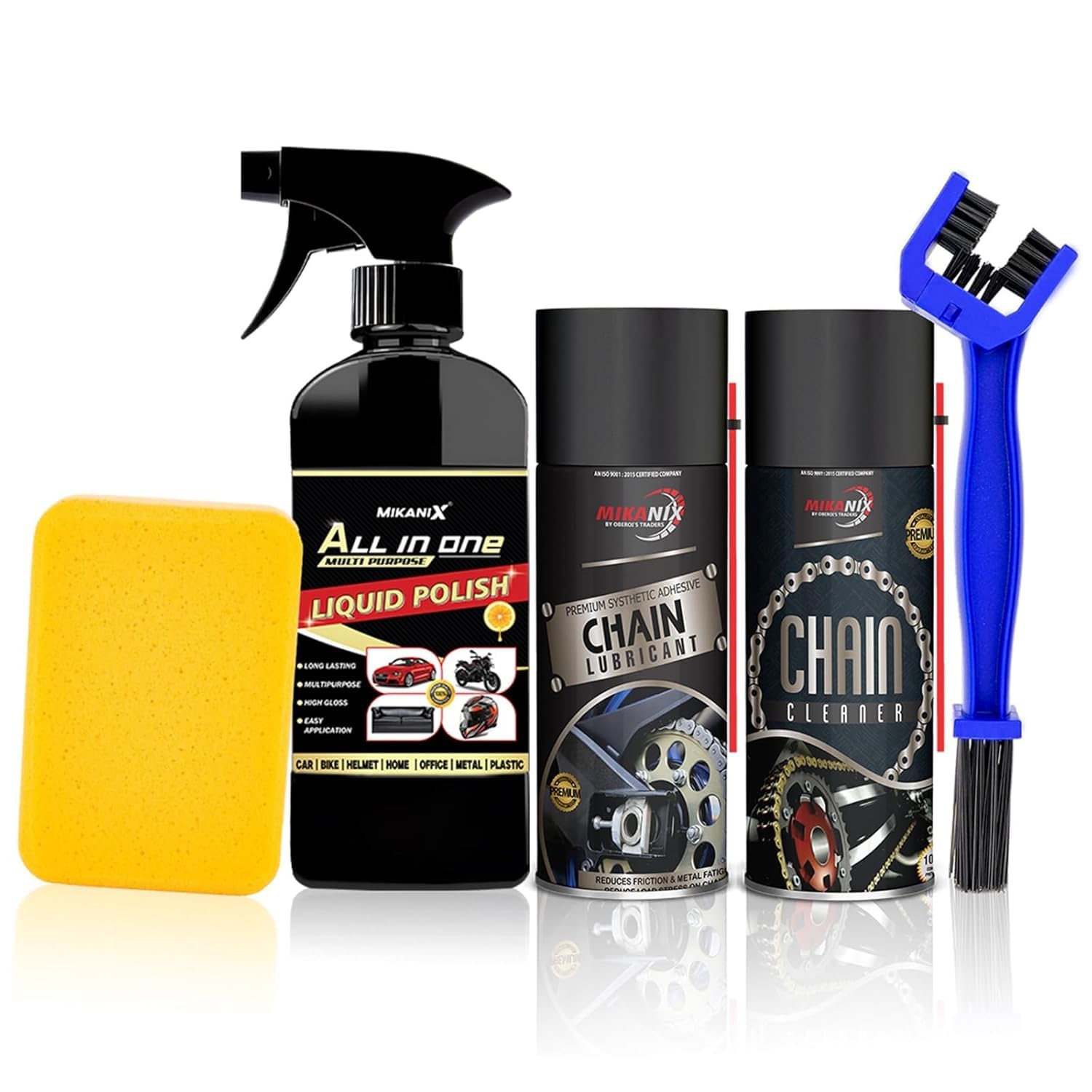 MIKANIX Combo of Chain Lubricant + Cleaner + Motocycle & Car Polish with Cleaning Brush Cleans Shines & Protects Your Bike Chain | Car Interior & Exterior Cleaning (550 ml) (Pack of 4)