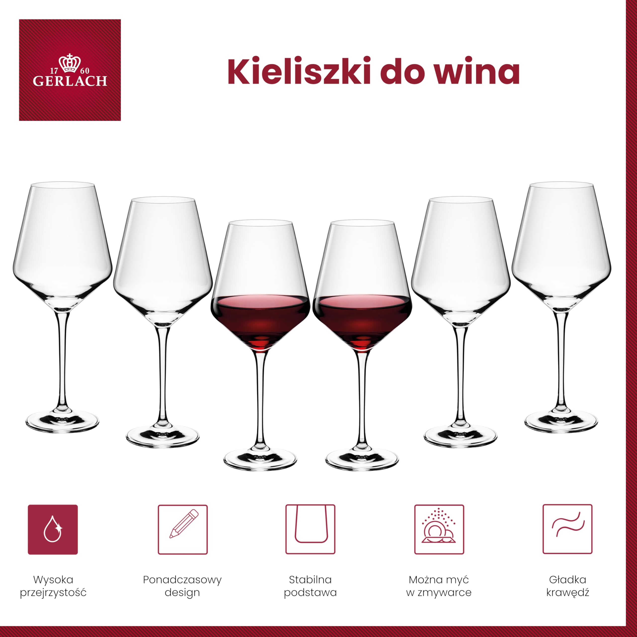 Gerlach 1760 Zestaw 6 Kieliszków do Czerwonego Wina Modern Przezroczyste 550 ml do Mycia w Zmywarce