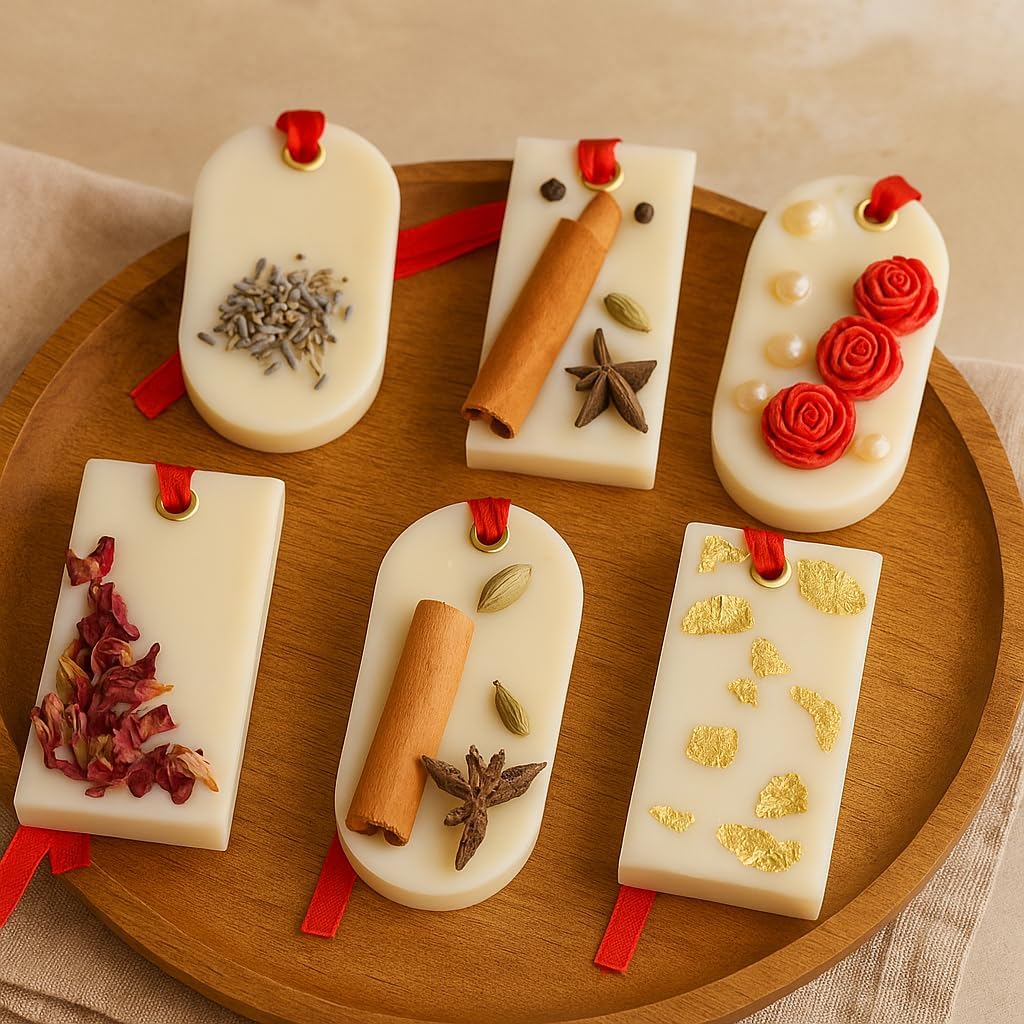 Handmade Wax Sachets – Pack of 6 Mini Tablets in Lavender, Cinnamon Vanilla, Rose Vanilla,Rose,Camphor & Musk – Natural Air Freshener for Wardrobes, Closets, Drawers, Cars & Kitchens