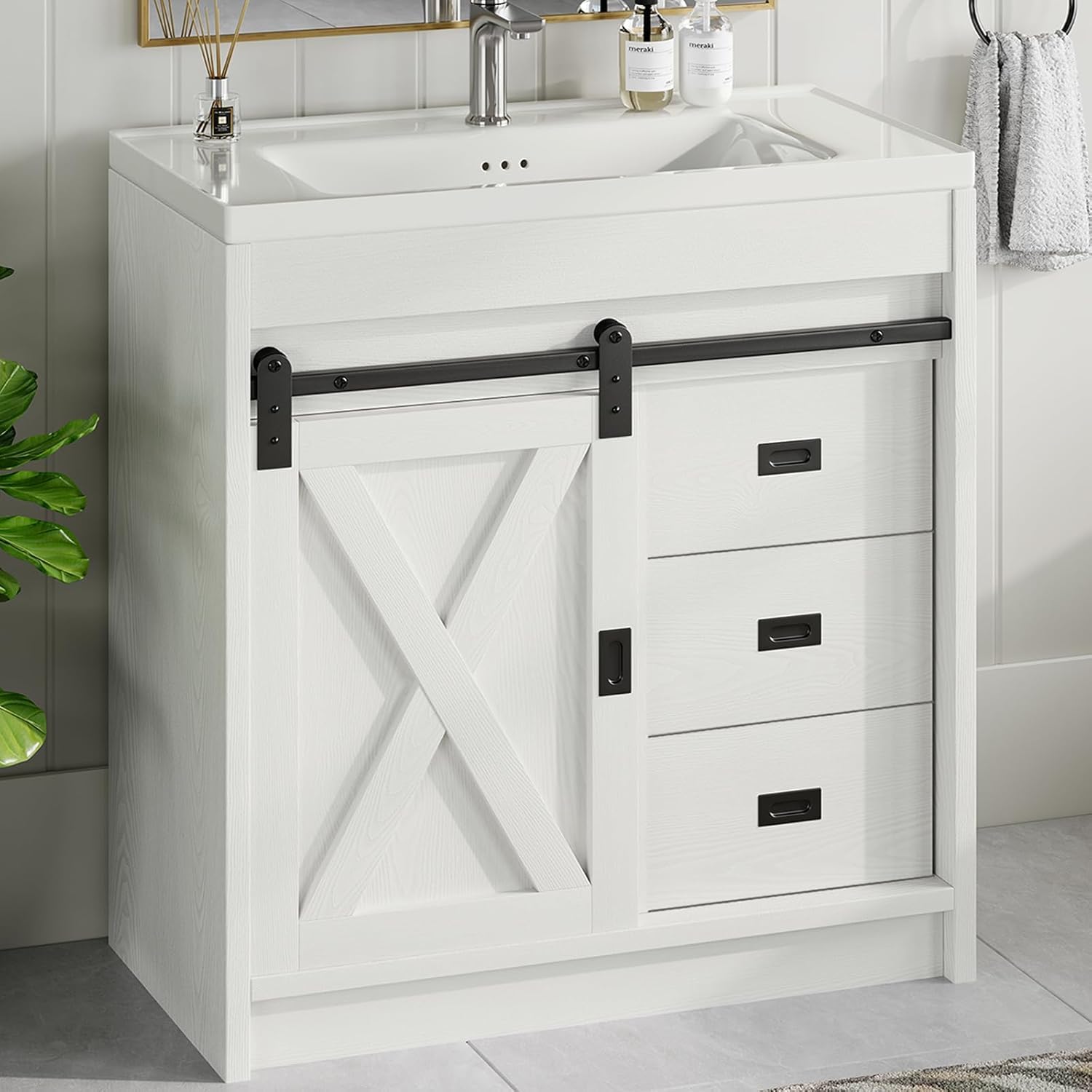 4ever2buy 31" Farmhouse Bathroom Vanity with Sink, White Sliding Barn Door Bathroom Vanity Cabinet with Storage Drawers, Small Single Bath Storage Vanity Sink