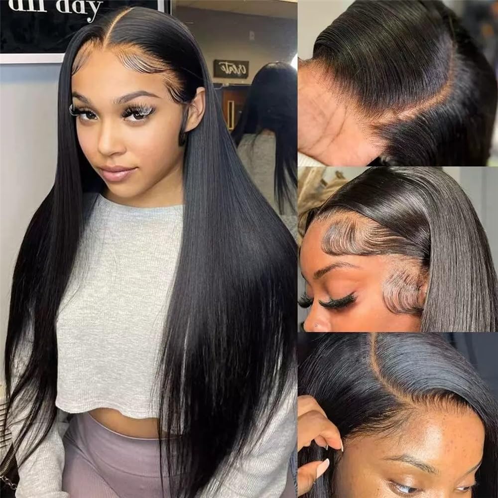 JHXIN 4x4 Lace Wig, Natural Black Long Straight Hair, 100% Virgin