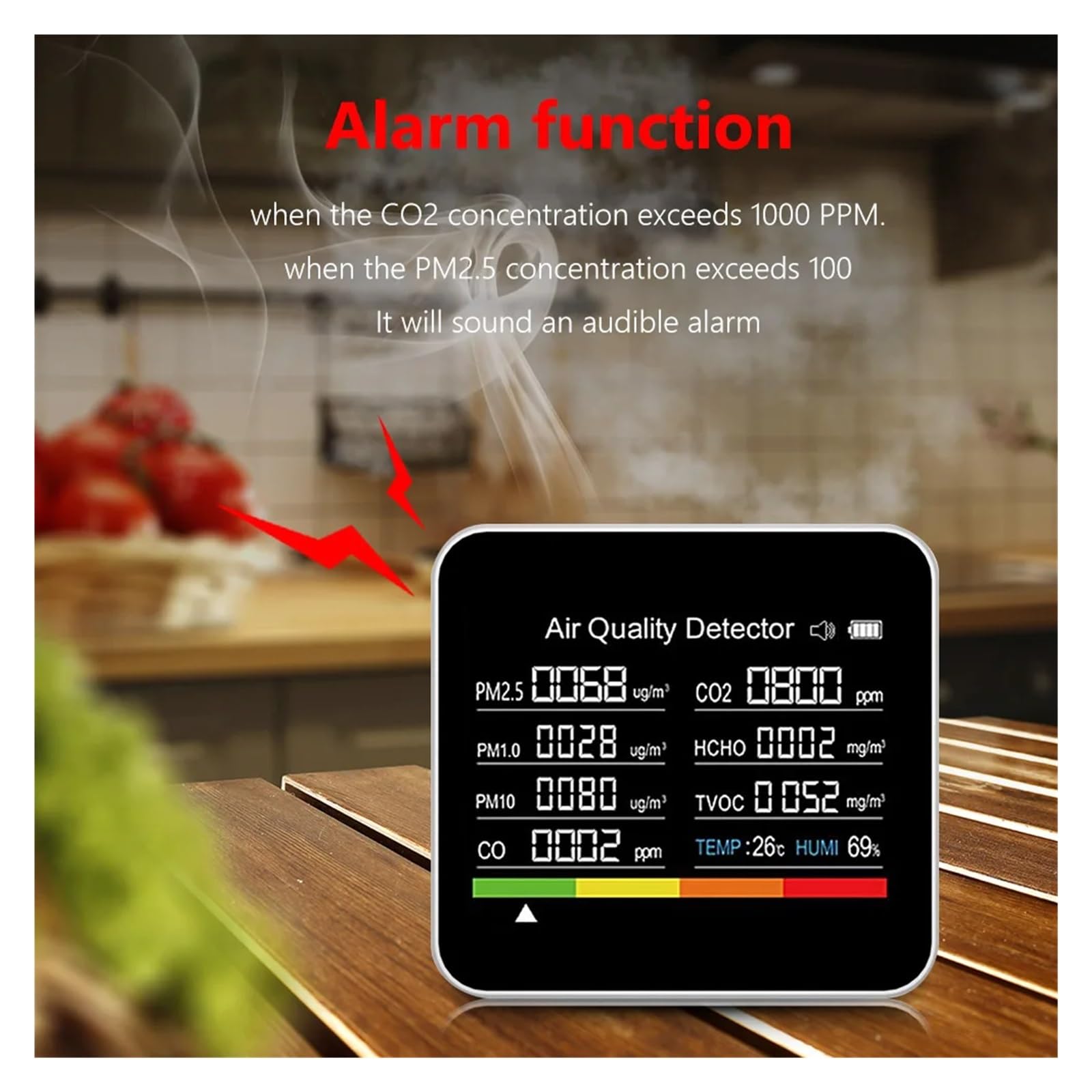 Misuratore Di Monitoraggio Della Qualità Aria Rilevatore Anidride Carbonica TVOC HCHO PM2.5 PM1.0 PM10 Rilevamento Umidità Temperatura Controllo APP Rilevamento Rapido Preciso(9 in 1)