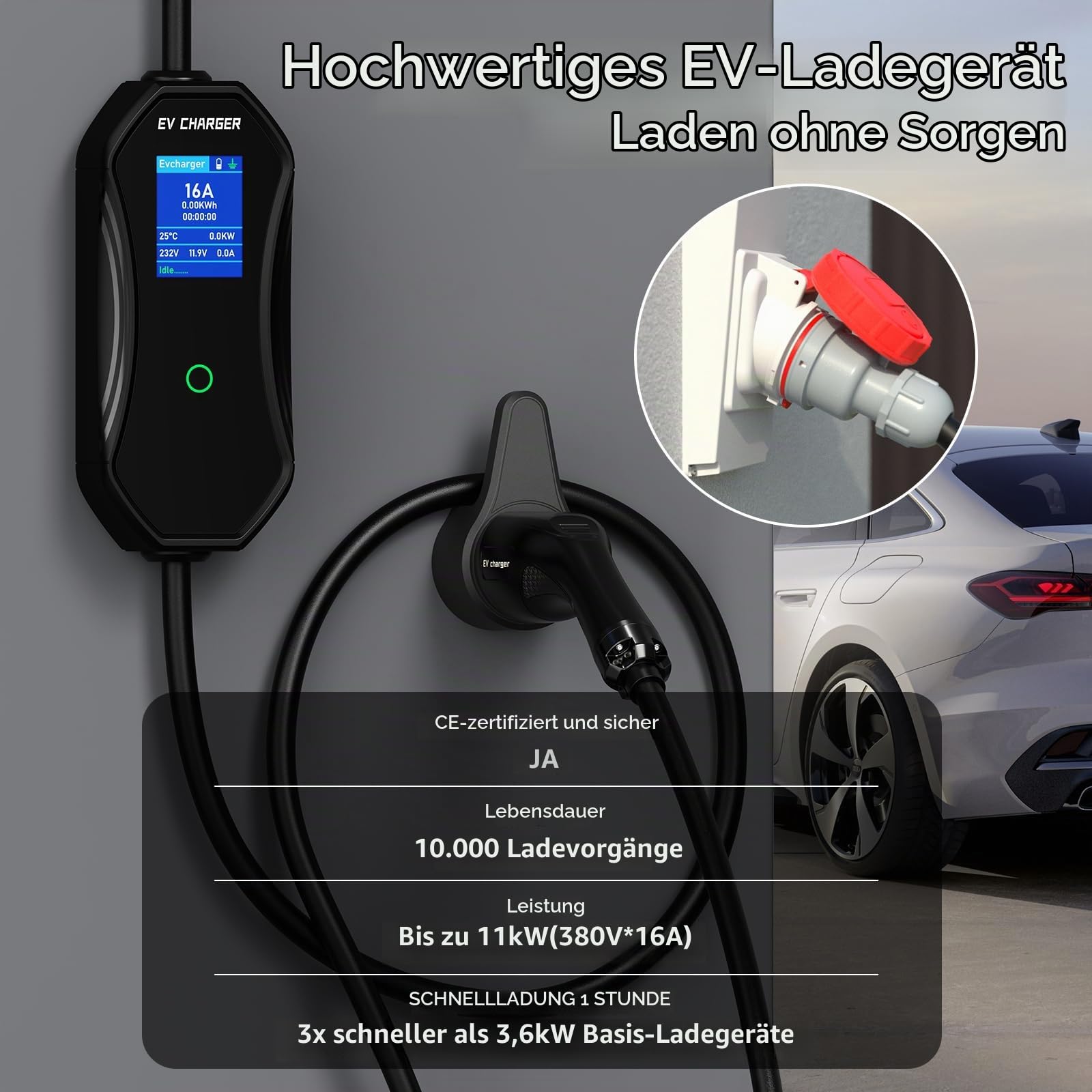 Ladekabel Typ 2 CEE 16A, 11kW Mobile Wallbox 7M Ladegerät Typ 2