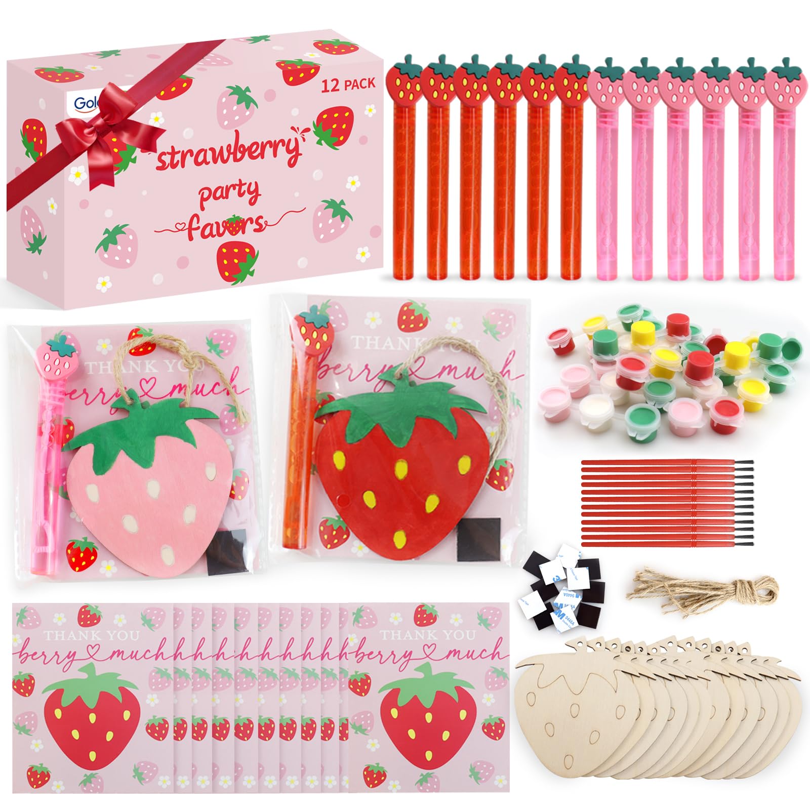 goldentime Strawberry Party Favors Kit - 12 Pack Wooden Painting Crafts with Bubbles, Cards, and Magnets for Strawberry Shortcake Party Decorations and Centerpieces 12 Pack Strawberry