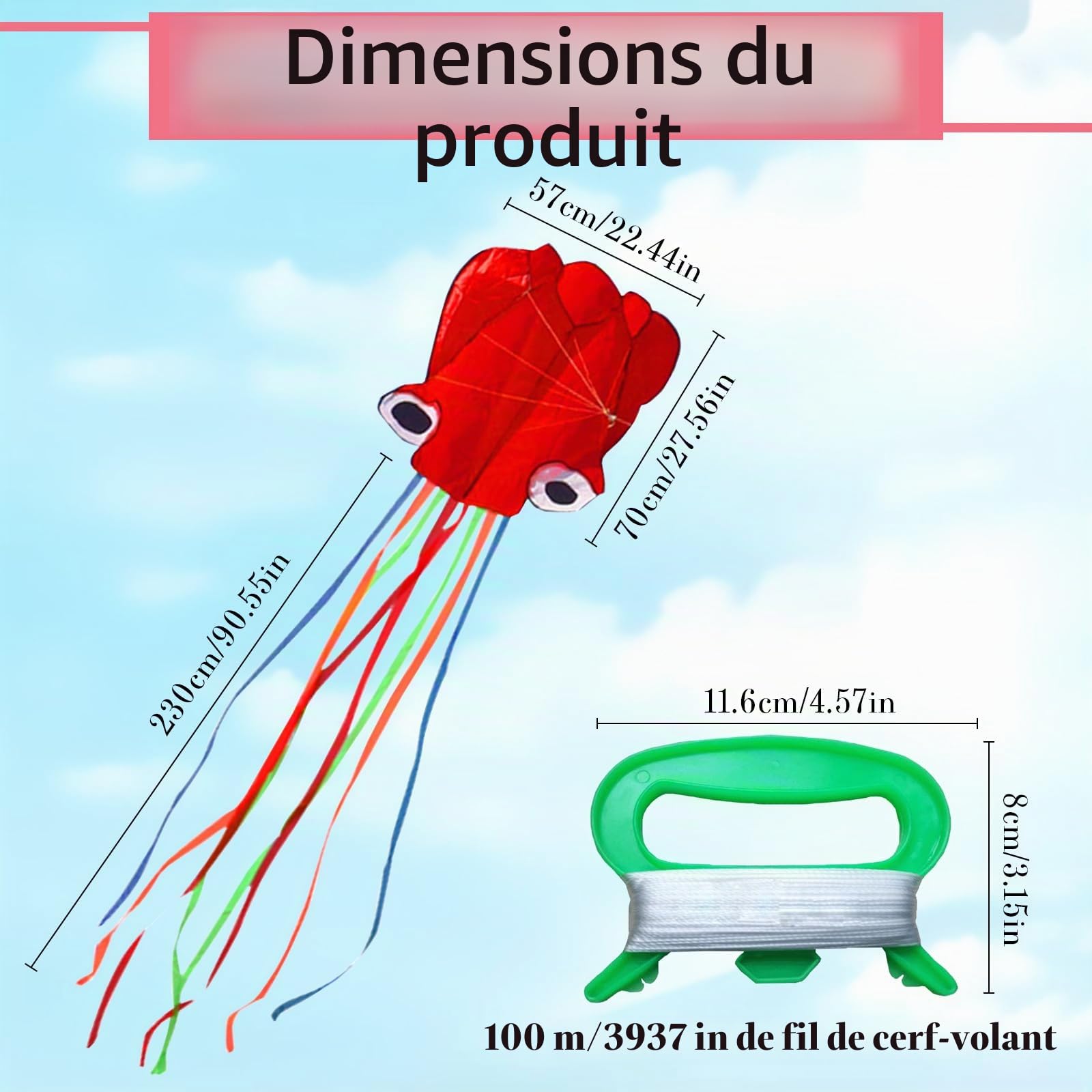 Cerf-Volant Pieuvre Cerf Volant, Rainbow Volant | avec Longue Queue de 100 m pour Garçons et Filles - avec Ficelle et Poignée pour Excursion à la Plage