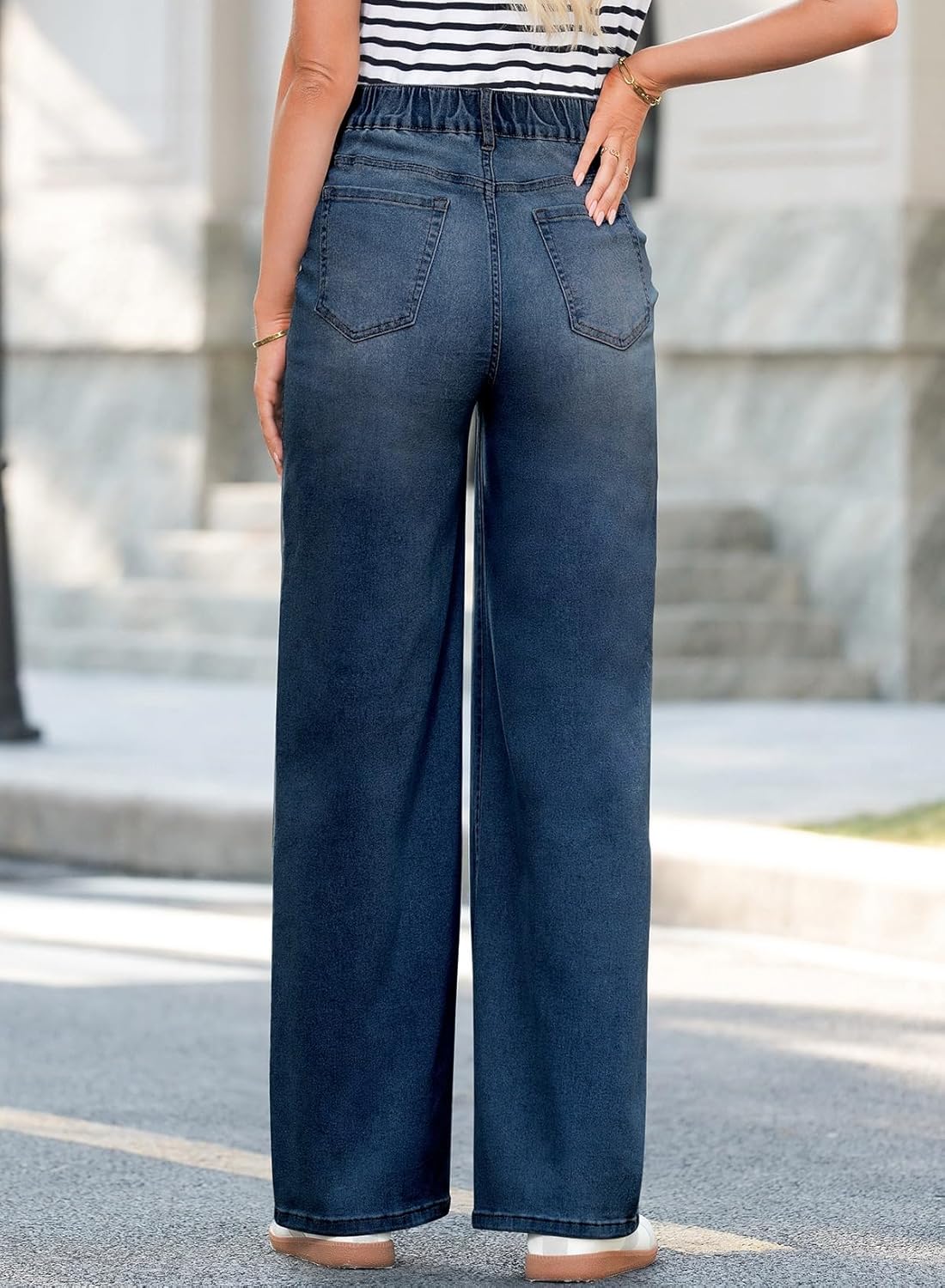 BLENCOT Women's Maternity Jeans High Waisted Drawstring Stretchy Straight Leg Pregnancy Denim Pants - Image 4